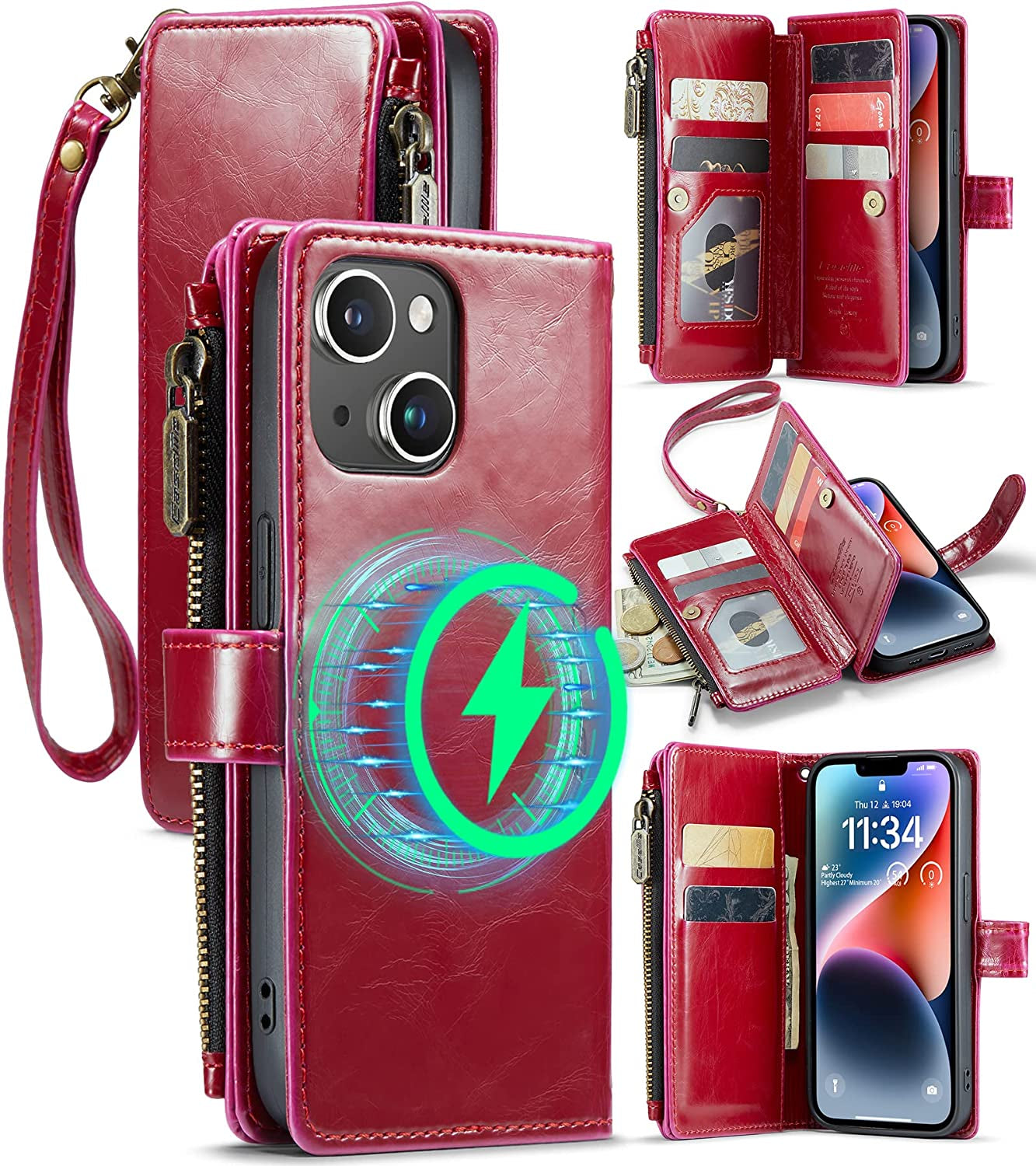 FLIPALM Wallet Case for Iphone 14 Pro(6.1") Flip Case,Compatible with Magsafe Charger,Pu Leather Zipper Protective Lanyard Strap Wristlet Case with Magnetic Closure and Card Holder Luxury Coffee  FLIPALM Luxury Red iPhone 14 