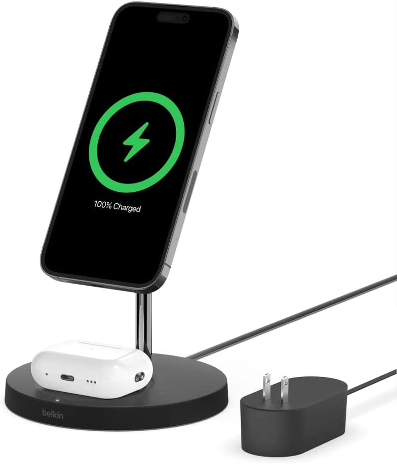 Belkin Magsafe 3-In-1 Wireless Charging Stand - 2ND GEN W/ 33% Faster Wireless Charging for Apple Watch - Iphone 14, 13 & 12 Series & Airpods - Magsafe Charging Station for Multiple Devices - Black  Belkin Black 2 in 1 Stand 