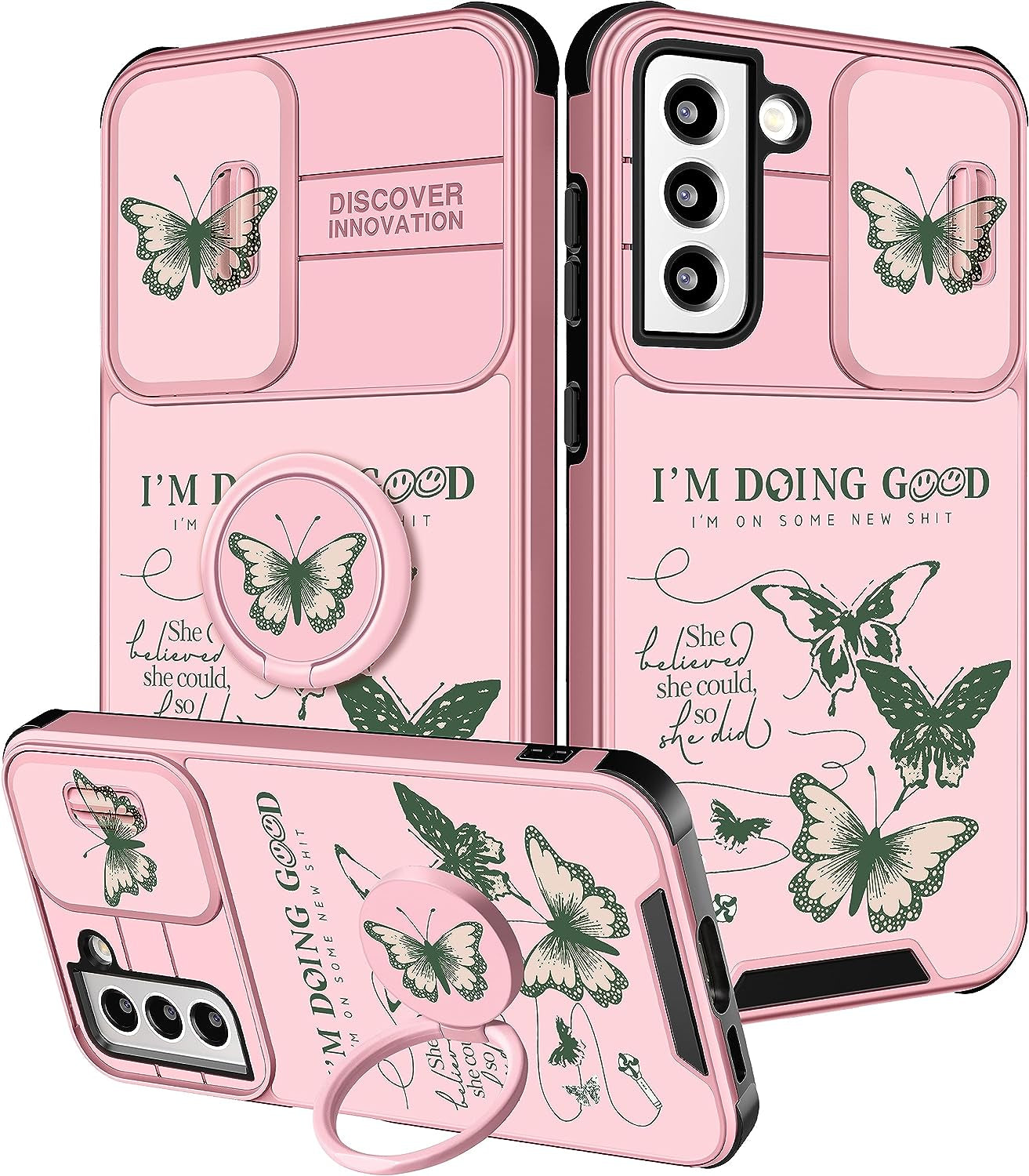 Funermei (2In1 for Samsung Galaxy S21 Case for Women Butterfly Cute Girls Phone Cover Girly Pretty Aesthetic Kawaii Black Butterfly Design with Camera Cover + Ring Stand Funda for Galaxy S21 5G Case  Funermei 1-For S21-Green Butterfly  