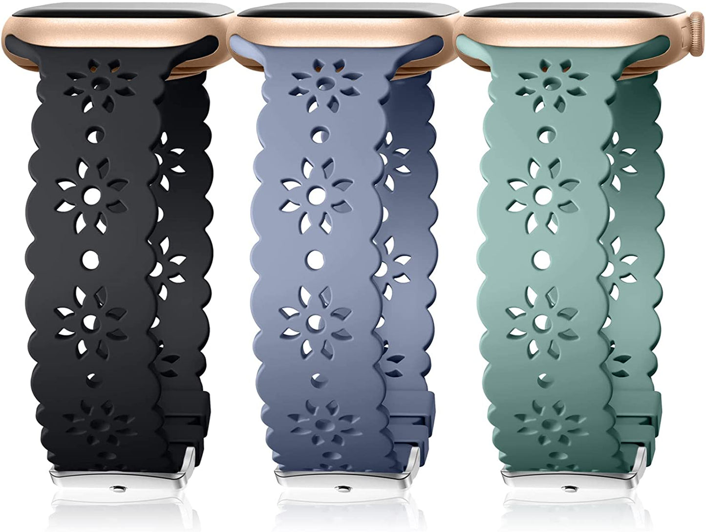 IMIVIO Hollow-Out Lace Slim Bands Compatible with Apple Watch 38Mm 40Mm 41Mm 42Mm 44Mm 45Mm 49Mm for Women Men, Hollow-Out Soft Replacement Strap for Iwatch Ultra Series 8 7 6 5 4 3 2 1 SE, 3 Pack  IMIVIO Black/Blue Gery/Pine Green 38mm/40mm/41mm 