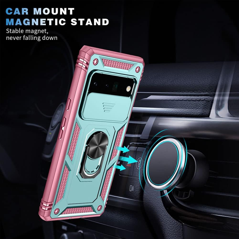 Google Pixel 6 Pro Case with Slide Camera Cover&Card Slot& Ring Kickstand Shockproof Military Grade Heavy Duty Protective Case Support Car Magnetic Holder for Google Pixel 6 Pro(2021)-Green/Pink  MOKYYDS   