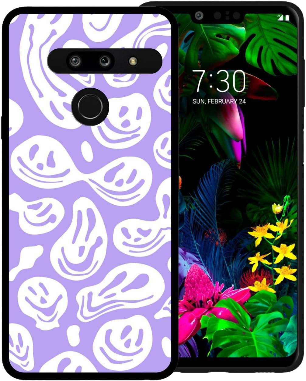 Zaztify Phone Case for LG G8 Thinq, Pastel Pink White Funny Trippy Dripping Smile Melted Hippie Smiling Skull Ghost Face Shockproof Protective Cover Shell  zaztify Purple White Trippy Face  