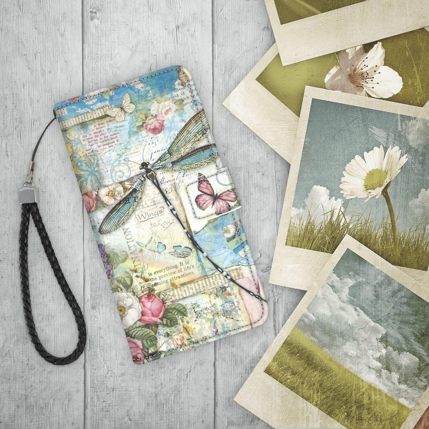 For LG G8 Thinq, Wallet Case Dragonfly Butterfly Phone Case Fit LG G8 Thinq 6.1 Inch Soft PU Leather Shockproof Flip Cover Card Slot with Wristbands for Women  Daobubu   