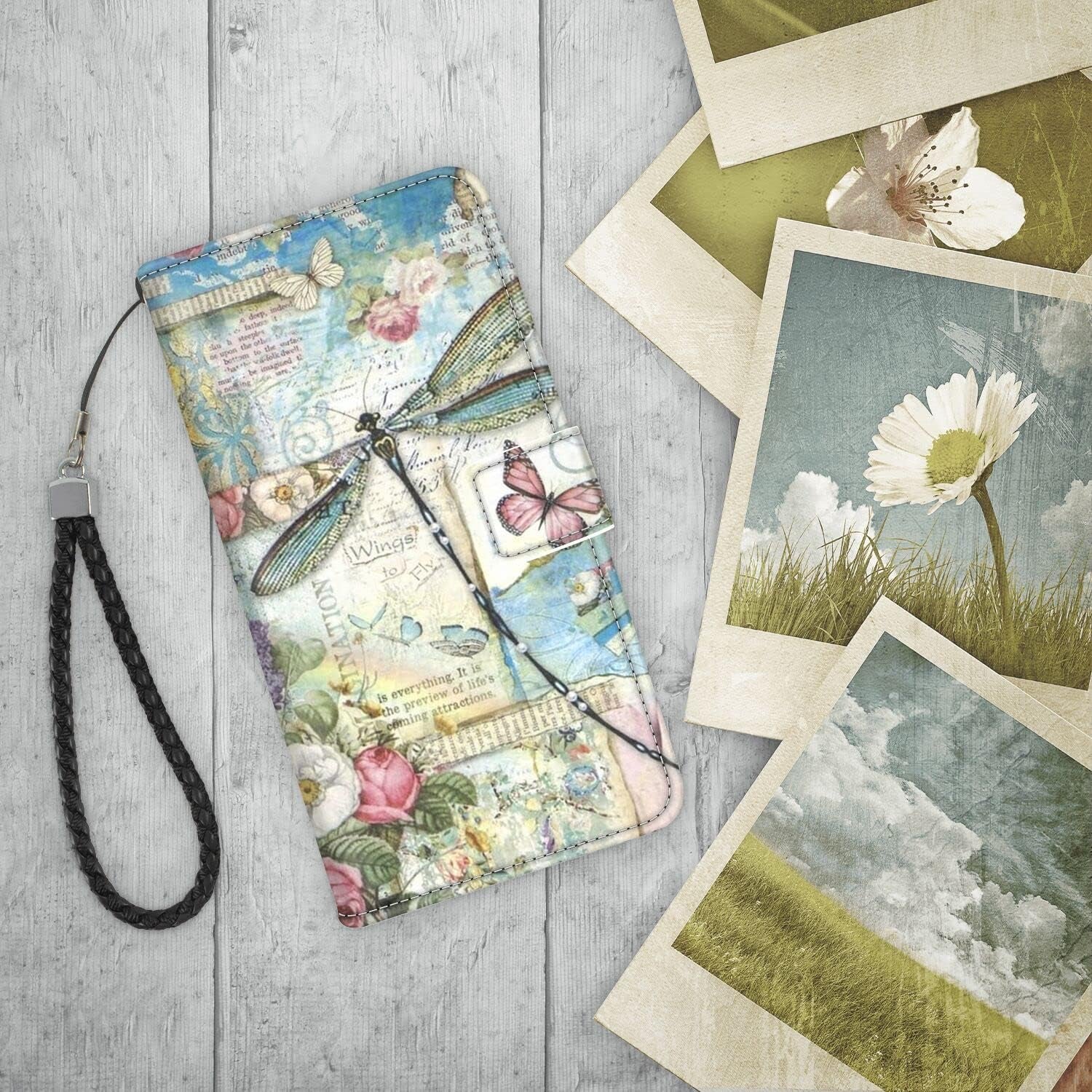 For LG G8 Thinq, Wallet Case Dragonfly Butterfly Phone Case Fit LG G8 Thinq 6.1 Inch Soft PU Leather Shockproof Flip Cover Card Slot with Wristbands for Women  Daobubu   