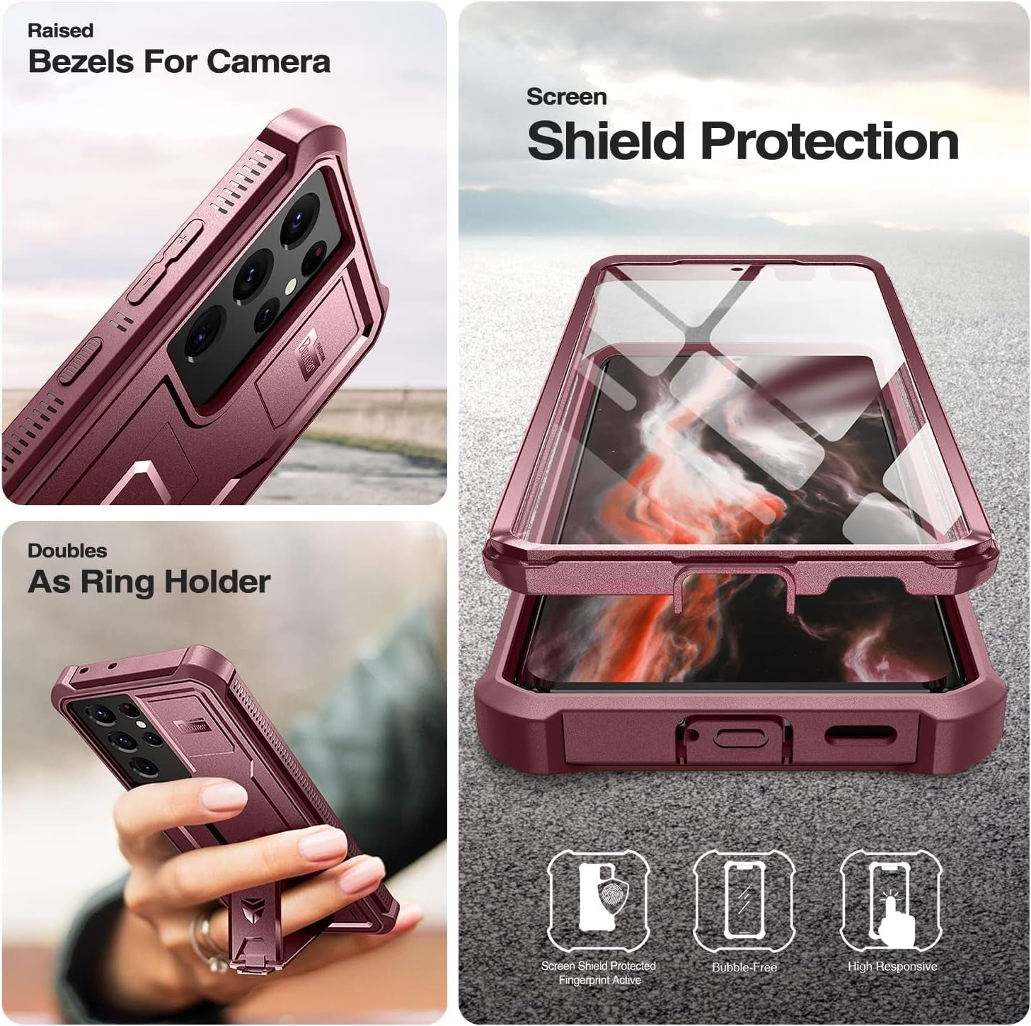 Dexnor for Samsung Galaxy S21 Ultra Case, [Built in Screen Protector and Kickstand] Heavy Duty Military Grade Protection Shockproof Protective Cover for Samsung Galaxy S21 Ultra 5G,6.8 Inch,Maroon Red  Dexnor   