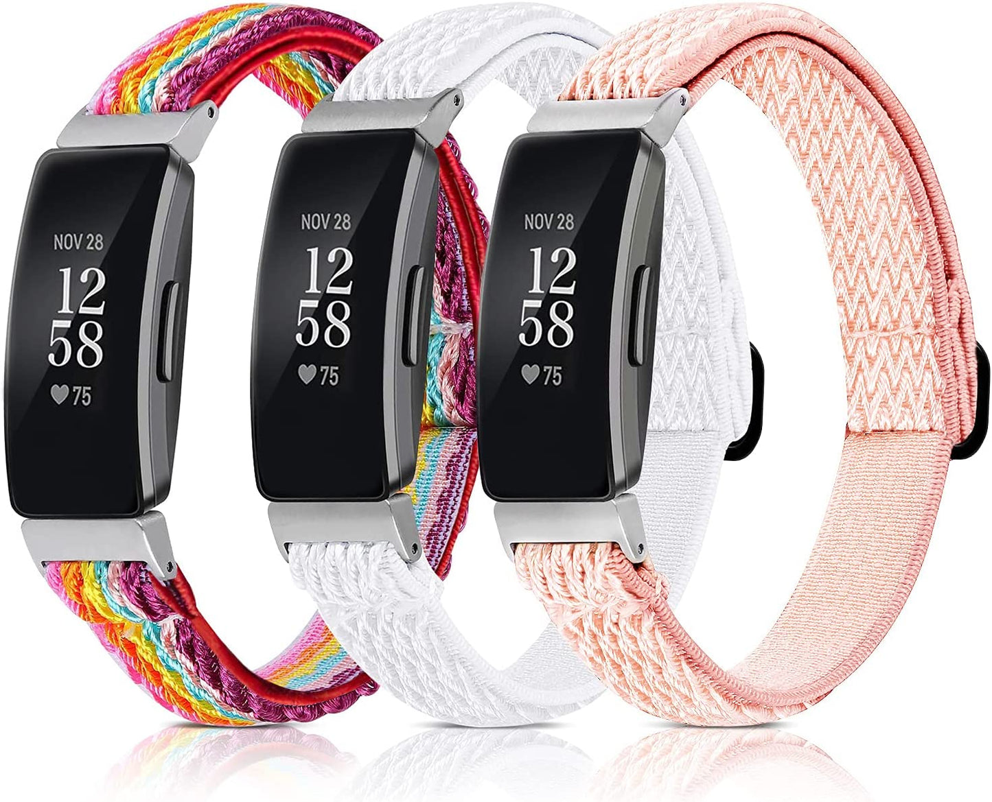 3 Pack Adjustable Fitbit Inspire 2 Bands, Compatible with Fitbit Inspire 2 / Inspire Hr/Inspire, Soft Loop Nylon Fabric Breathable Stretchy Replacement Straps for Women/Men  POHNUI Pink ripple + white ripple + red  