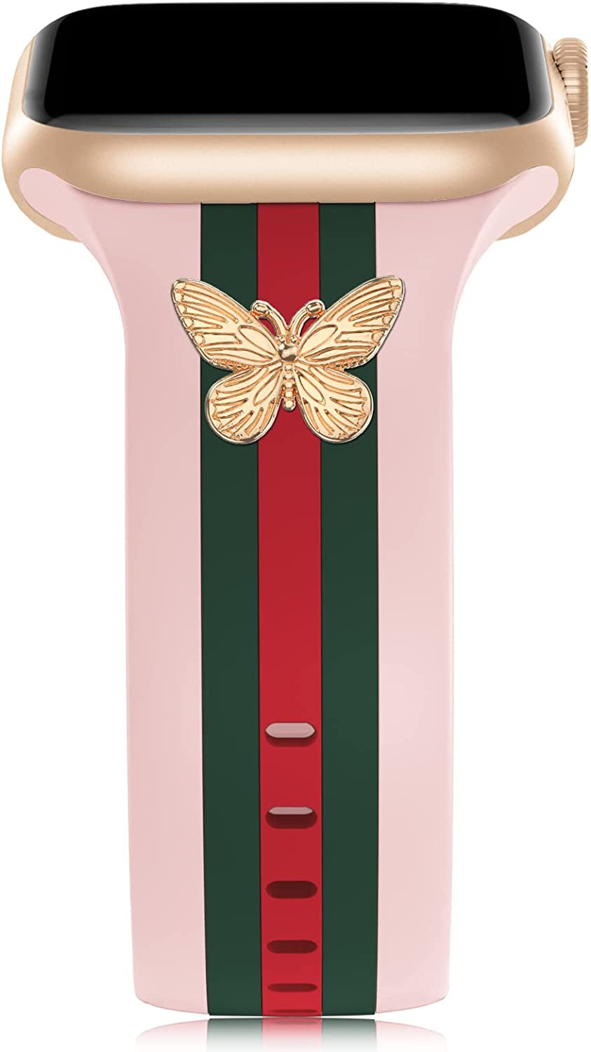 Designer Band with Charms Decor Compatible with Apple Watch Band 38Mm 40Mm 41Mm 42Mm 44Mm 45Mm 49Mm Women Men, Stylish Silicone Sport Wristbands for Iwatch Series 8 7 6 5 4 3 2 1 SE Ultra  Bagoplus Pink/Green/Red with Butterfly 42mm/44mm/45mm/49mm 