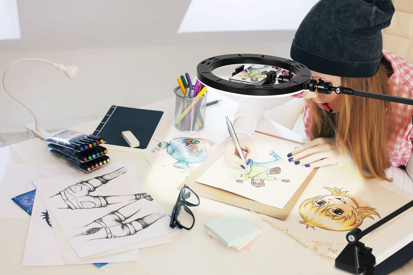 Ring Light with Stand and Phone Holder, Metal Clamp Arm with 10'' Selfie Light Compatible with Iphone 14 13 12 11 Xs Xr for Zoom Calling, Vlog, Youtube, Calligraphy, Drawing, Online Course  Acetaken Mount   