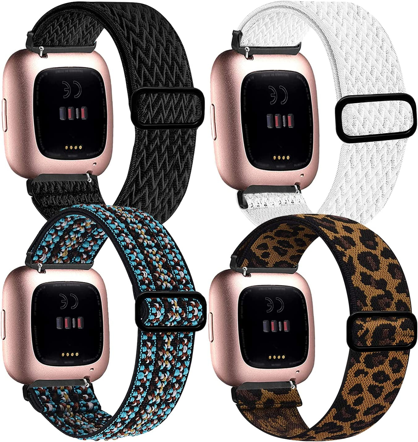 4 Pack Stretchy Bands Compatible with Fitbit Versa/Fitbit Versa Lite/Fitbit 2 Women Men, Adjustable Elastic Soft Loop Nylon Breathable Replacement Straps for Smartwatch Wristband  POHNUI Leopard + Posey Green + Black + White  