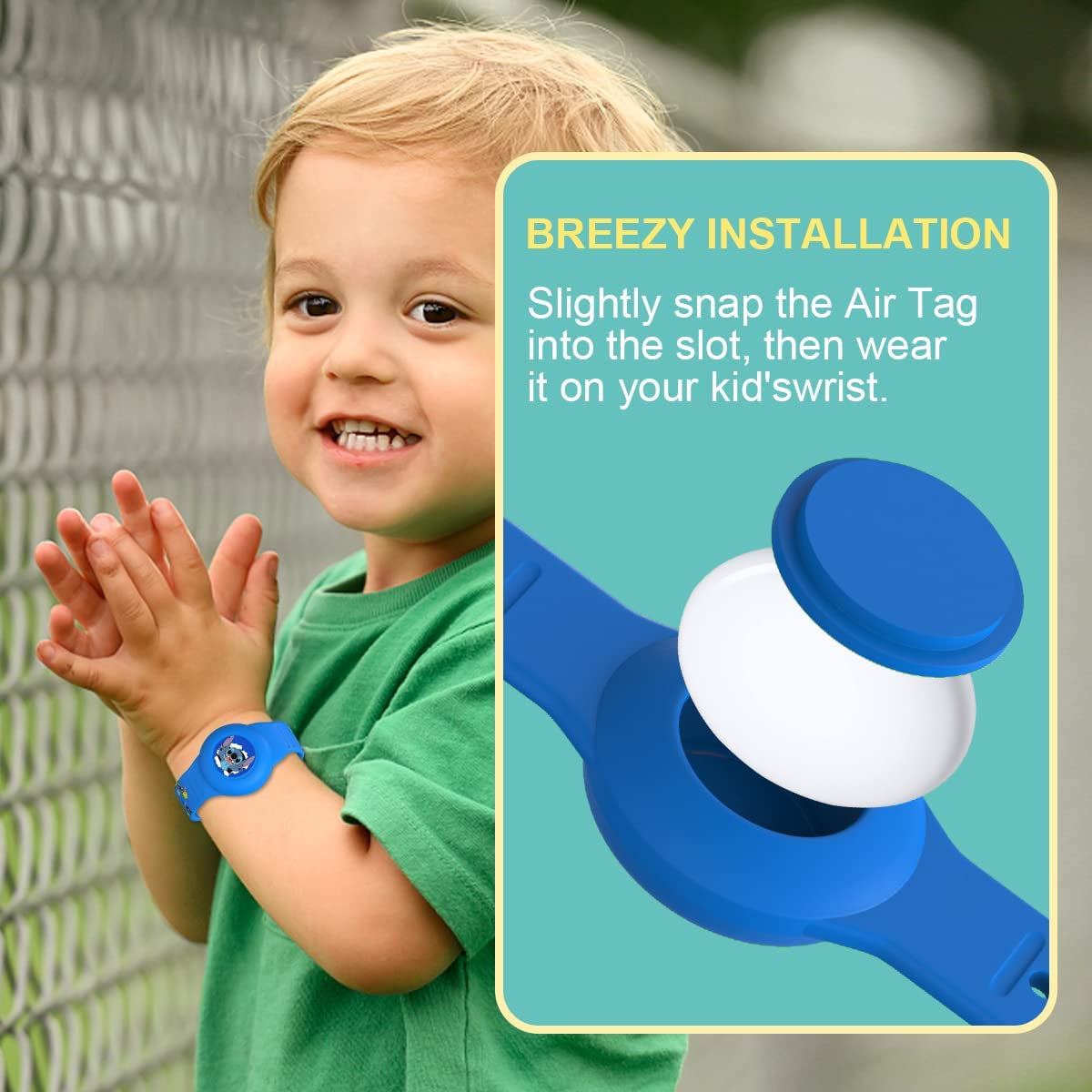 [2Pack] Airtag Kids Bracelet, Cartoon Wristband Adjustable Hidden Watch Band Air Tag Holder for Apple Air Tag, Cute Soft Silicone Anti-Lost Waterproof Case (Blue+Yellow)  ZOICIP   