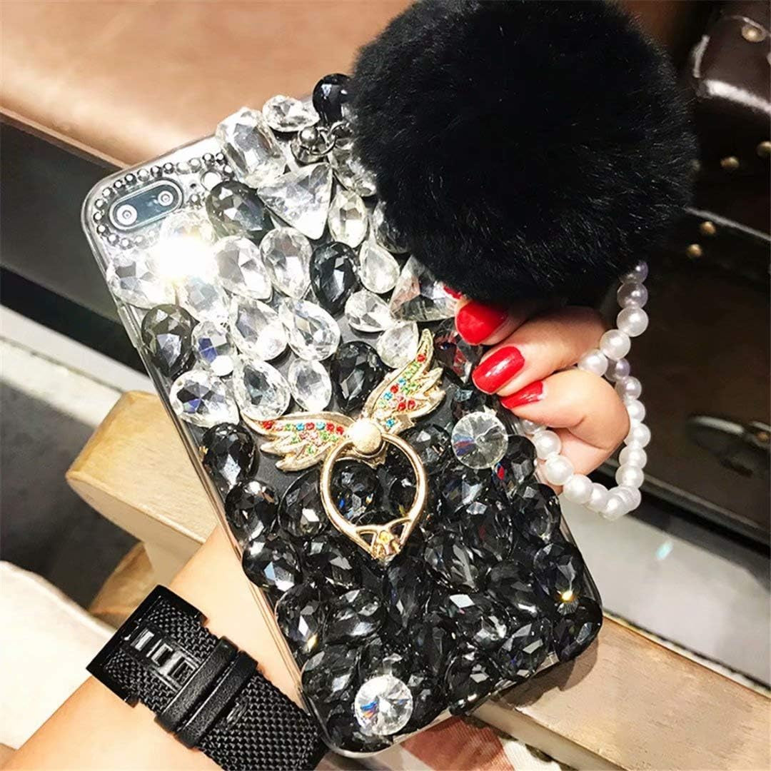 LG G8 Thinq Case,Lg G8 Case,Lg Alpha Full Crystal Diamond Case, 3D Handmade Finger Buckle Luxury Fur Ball Sparkle Crystal Rhinestone Diamond Glitter Bling TPU Case for LG G8 Thinq(Angel/Green)  YuXia Angel / Black  
