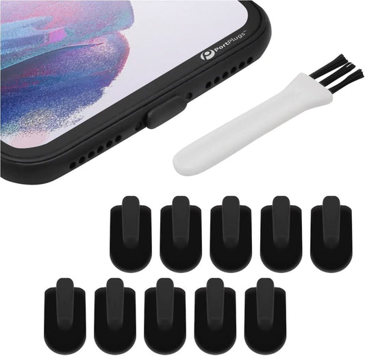 Portplugs 10 anti Dust Plugs, Compatible with Iphone 11, X, XS, XR, 8, 7, 6 Plus, Max, Pro, Airpods, Protection from Dirt, Sand, Lint, and Debris with Port Cleaning Brush (Black)  PortPlugs   