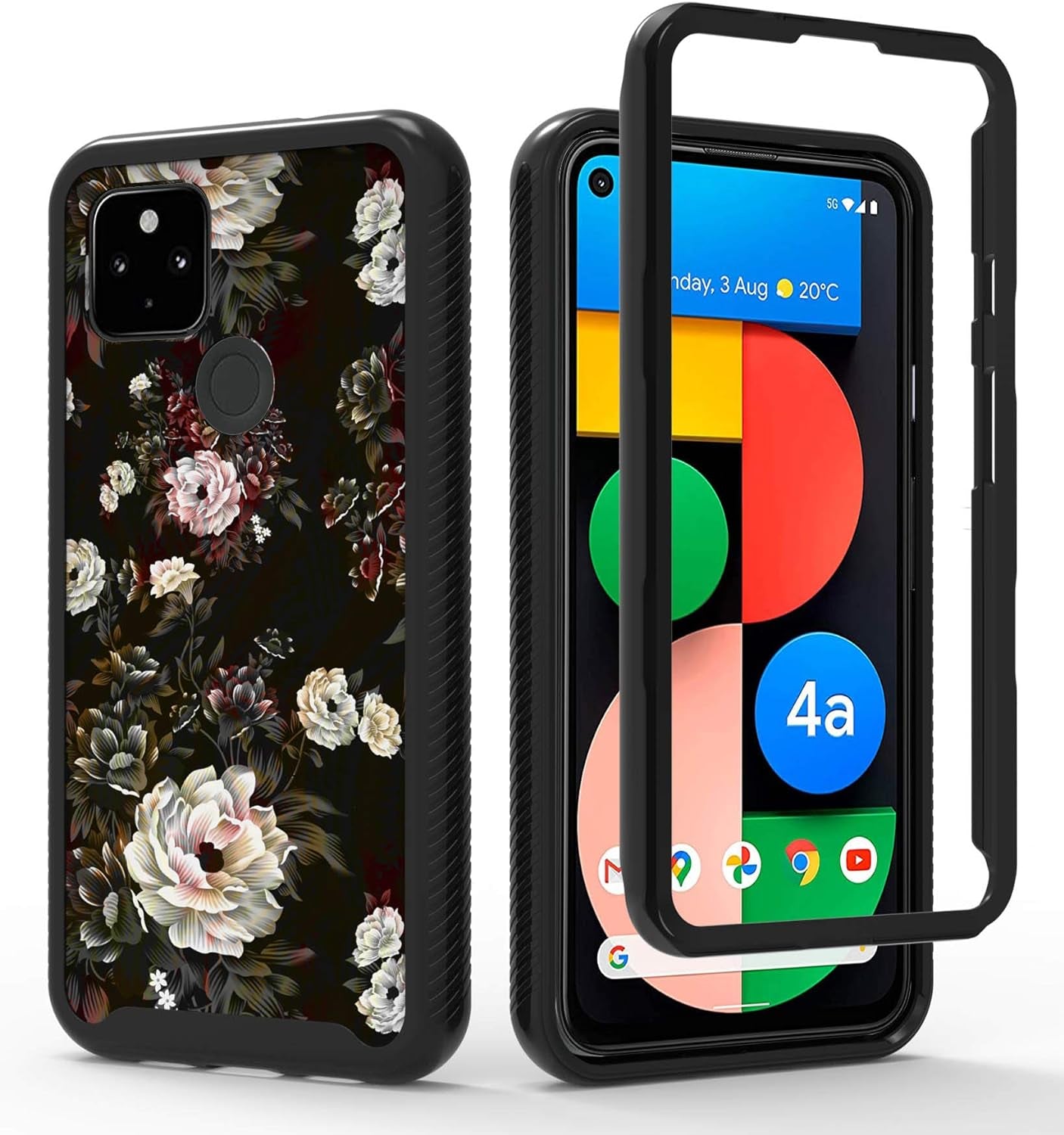 Shinymax Pixel 4A 5G Case with Roses Design,Google Pxiel 4A 5G Phone Case,Hybrid Triple Layer Armor Protective Cover Flexible Sturdy Anti-Scratch Shockproof Cute Case for Women and Girls-Flowers/Black  ShinyMax   