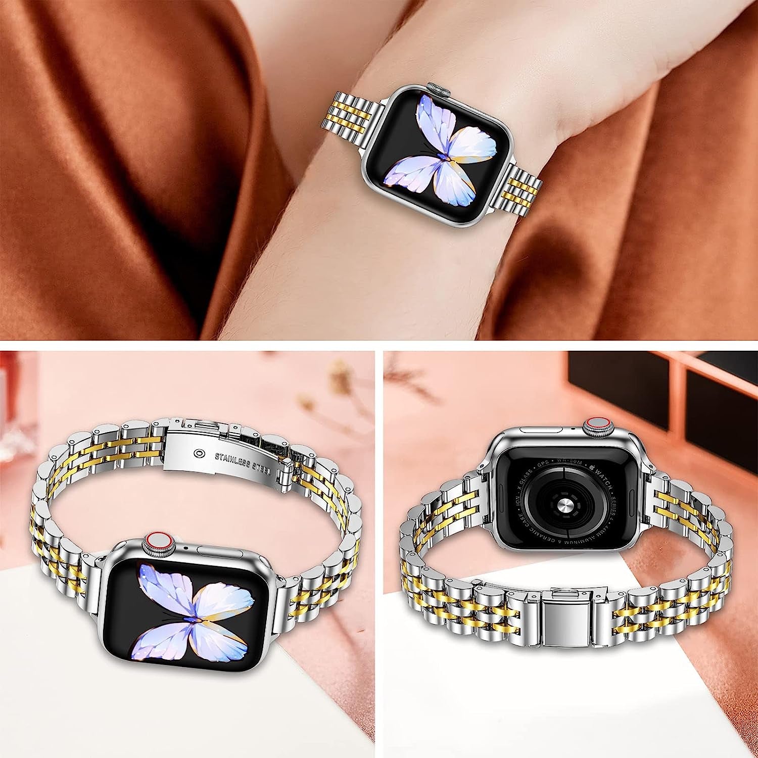 Miohhr Slim Metal Bands Compatible with Apple Watch Ultra Band (49Mm) Series 8/7(45Mm 41Mm),Series SE 6/5/4(40Mm 44Mm),Series 3/2 /1(38Mm 42Mm), Thin Stainless Steel Chain Strap for Women Iwatch Band  MioHHR   