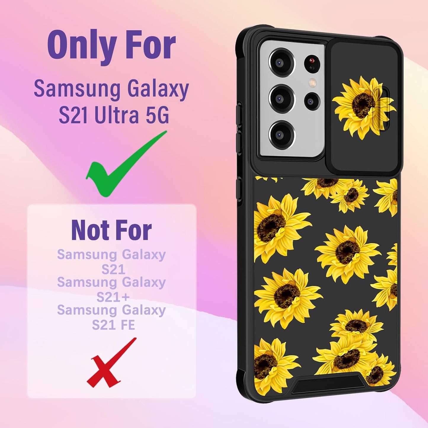 Funermei (2In1 for Samsung Galaxy S21 Ultra Case for Women Sunflower Cute Girls Phone Cover Flowers Floral Girly Sun Flower Black Design with Camera Cover+ Ring Stand for S21 Ultra Case  Funermei   