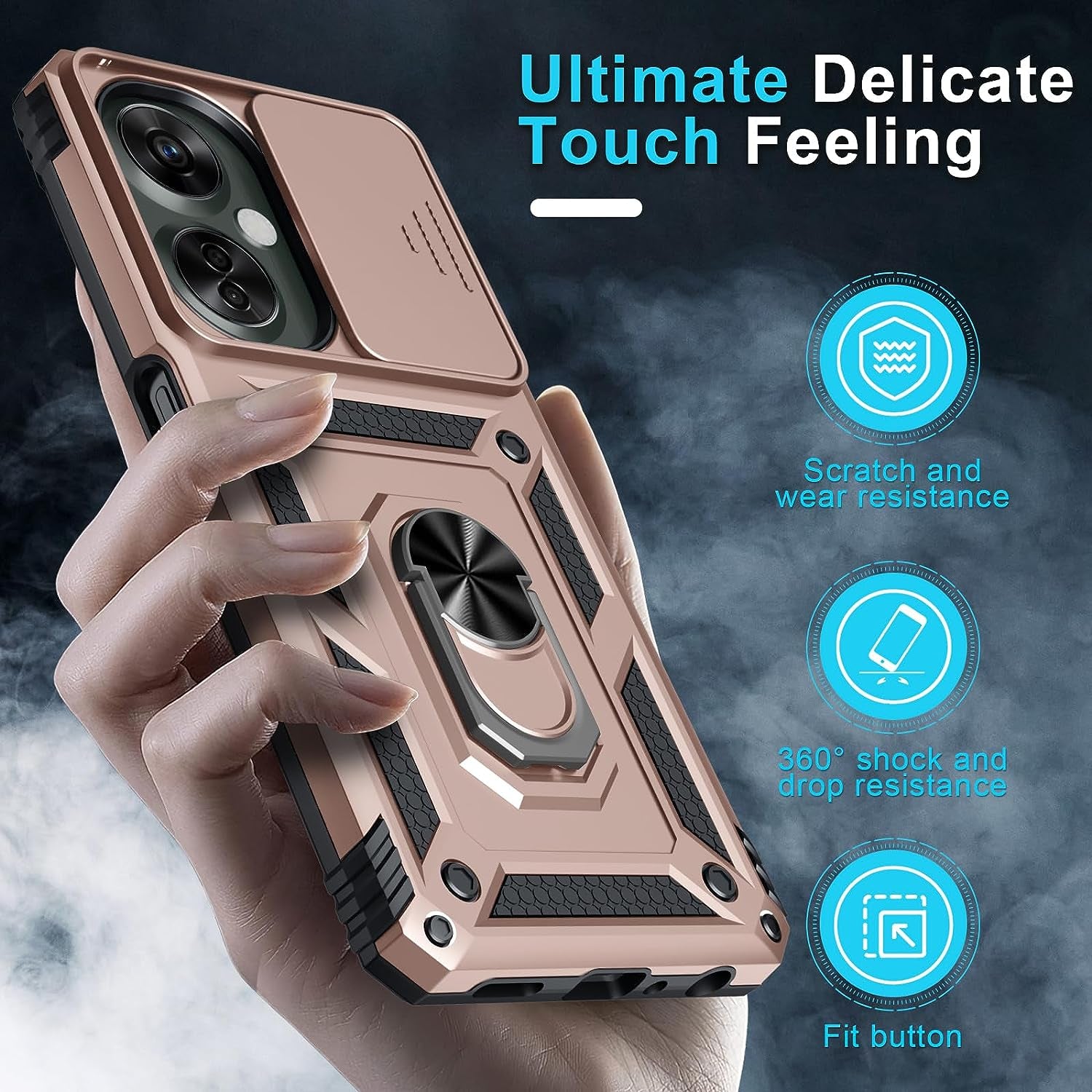 Janmitta Oneplus Nord N30 5G Case Built in Slide Camera Lens Cover+Screen Protector+Finger Ring Holder Kickstand,Heavy Duty Shockproof Full Body Protective Phone Cover,2023 Rose Gold  Janmitta   