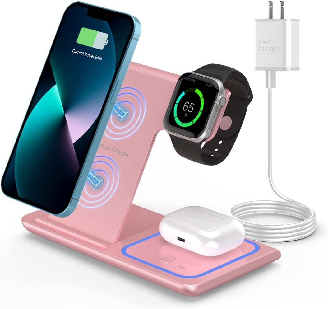 Wireless Charger,Rui MAI LAI 3 in 1 Wireless Charger Station for Apple Iphone/Iwatch/Airpods,Iphone 13/12/11 (Pro, Pro Max)/Xs/Xr/Xs/X/8(Plus),Iwatch 7/6/Se/5/4/3/2,Airpods 3/2/Pro  XuHui Pink  