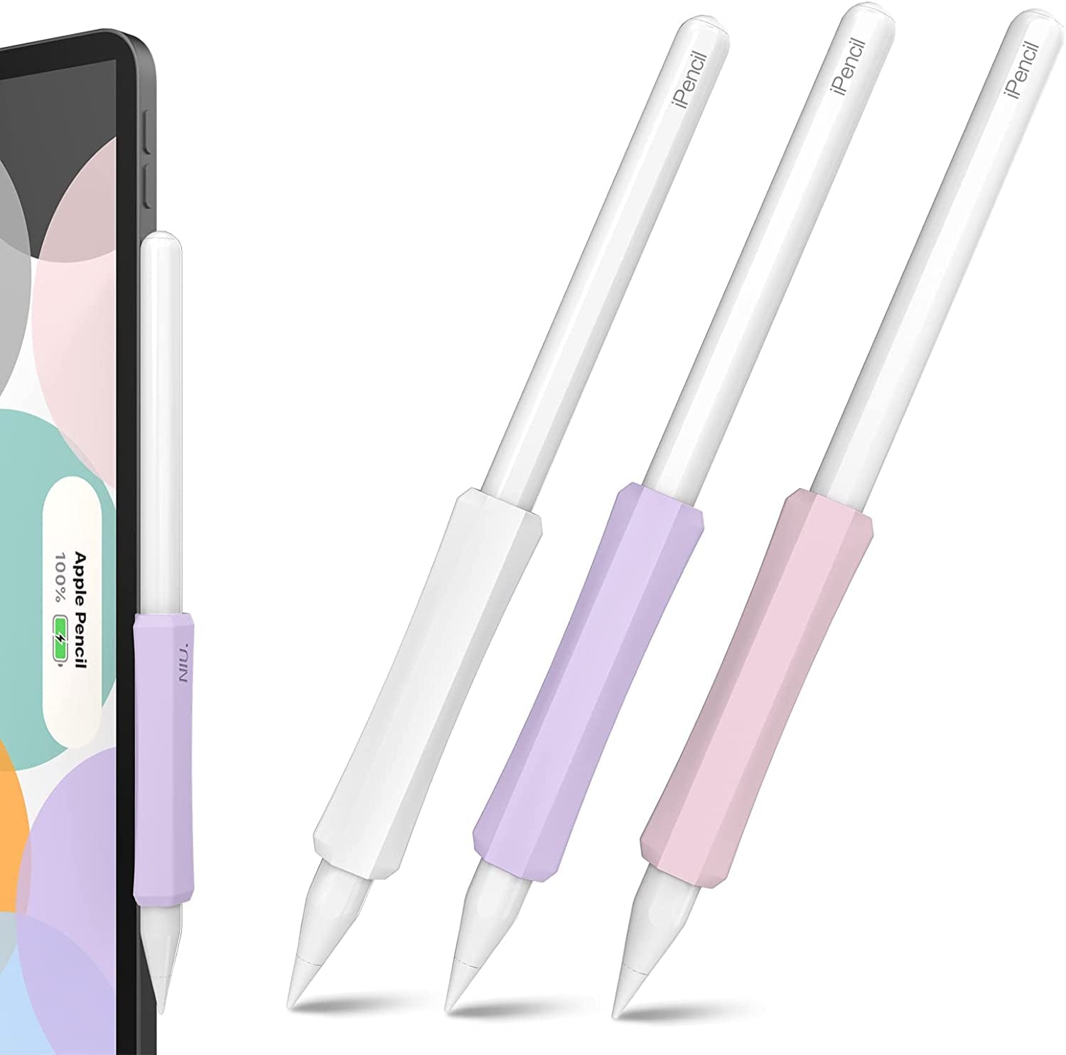 NIUTRENDZ 3 Pack Apple Pencil Grip Silicone Case Accessories Cover Ergonomic Design Sleeve Compatible with Magnetic Charging and Double Tap (Apple Pencil 2Nd Generation, White + Grey + Black)  NIUTRENDZ White + Purple + Pink Apple Pencil 2nd Generation 