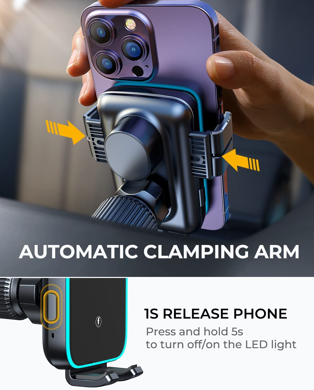 Wireless Car Charger Phone Mount: Dual Coil Joyroom LED Qi 15W Cell Phone Fast Charging Vent Holder with Auto Smart Sensor Clamping for Iphone 14 13 12 11 Pro Max, Samsung Galaxy S22 21 Note 20  JOYROOM   