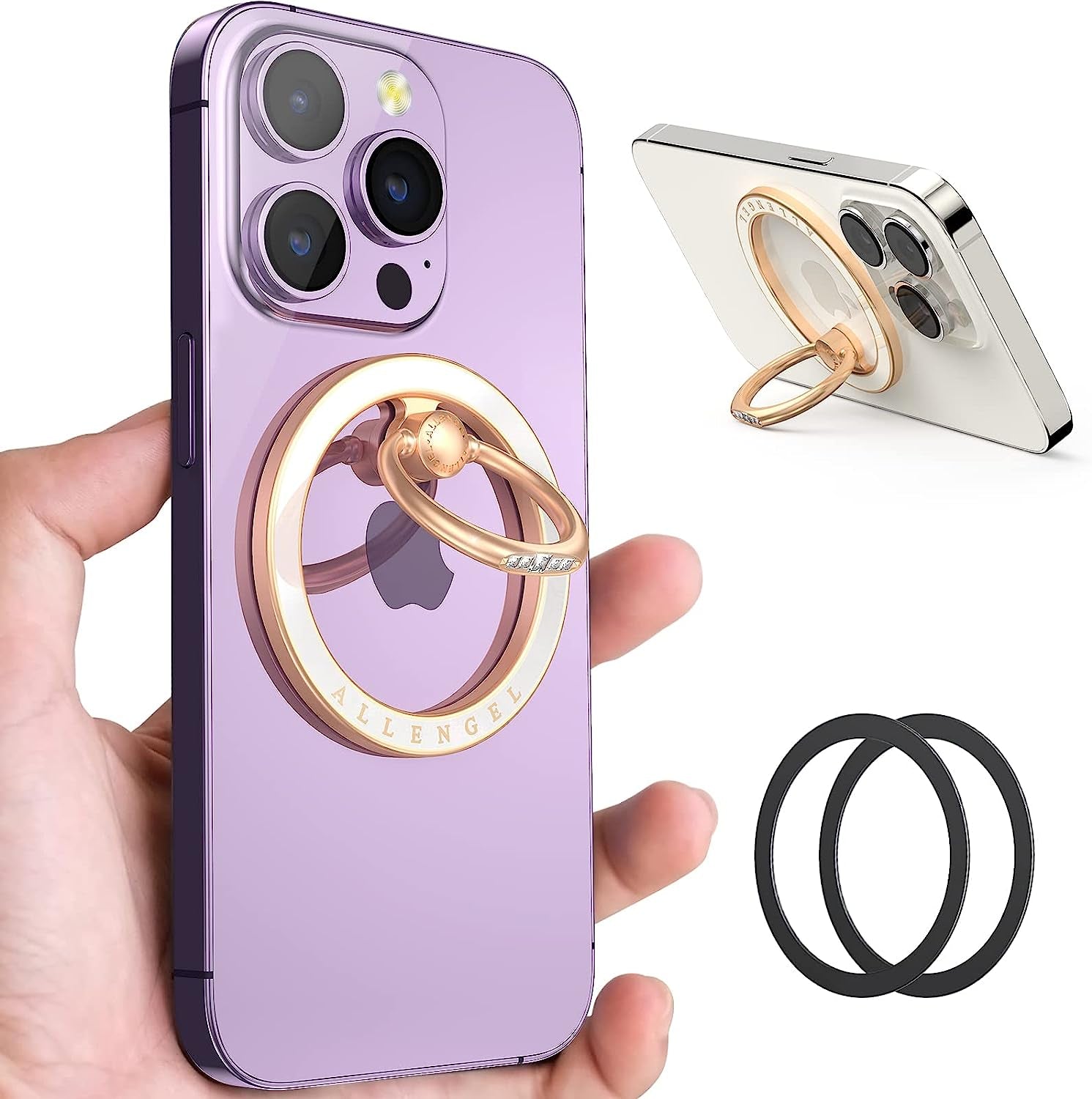 Compatible with Magsafe Phone Grip Stand, Allengel Magnetic Phone Ring Holder with Finger Kickstand for Smartphone, Luxury Gold White  Allengel white  