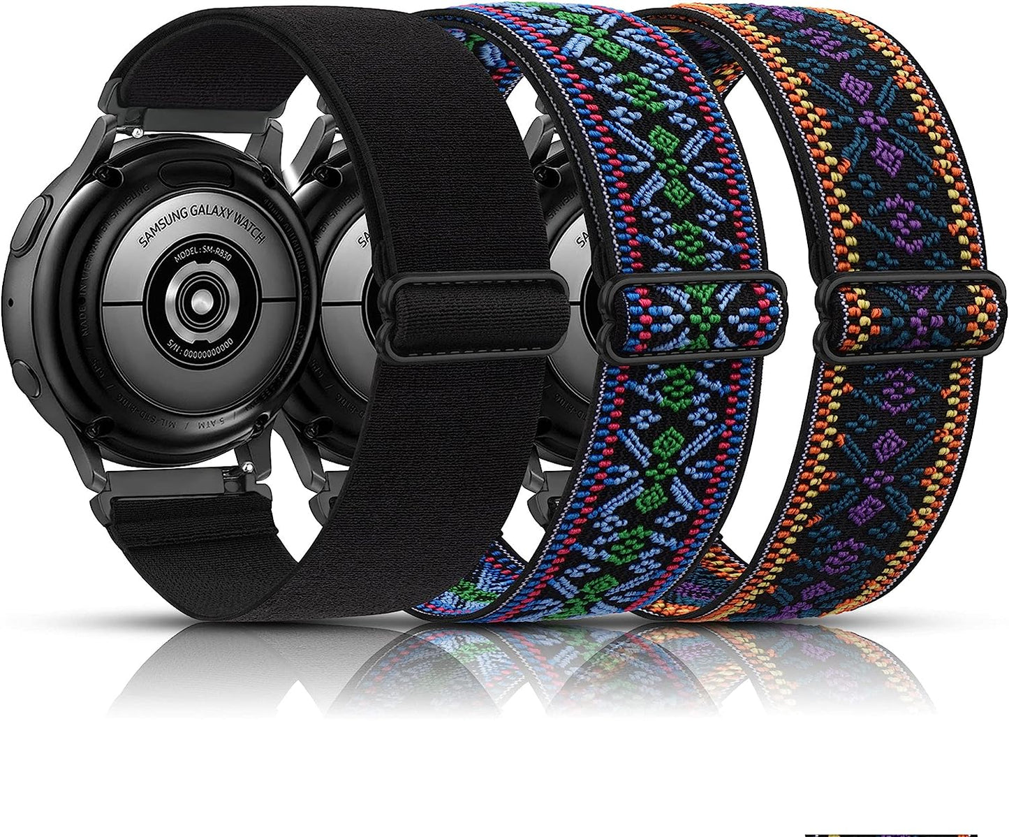 3 Pack Elastic Bands Compatible with Samsung Galaxy Watch 4 44Mm 40Mm, Samsung Galaxy Watch 4 Classic 46Mm 42Mm, 20Mm Adjustable Elastic Nylon Sport Stretchy Wristband for Women Men  Meliya Black+Boho Green+Boho Purple  