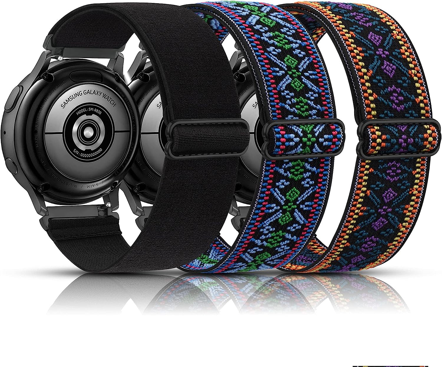 3 Pack Elastic Bands Compatible with Samsung Galaxy Watch 4 44Mm 40Mm, Samsung Galaxy Watch 4 Classic 46Mm 42Mm, 20Mm Adjustable Elastic Nylon Sport Stretchy Wristband for Women Men  Meliya Black+Boho Green+Boho Purple  