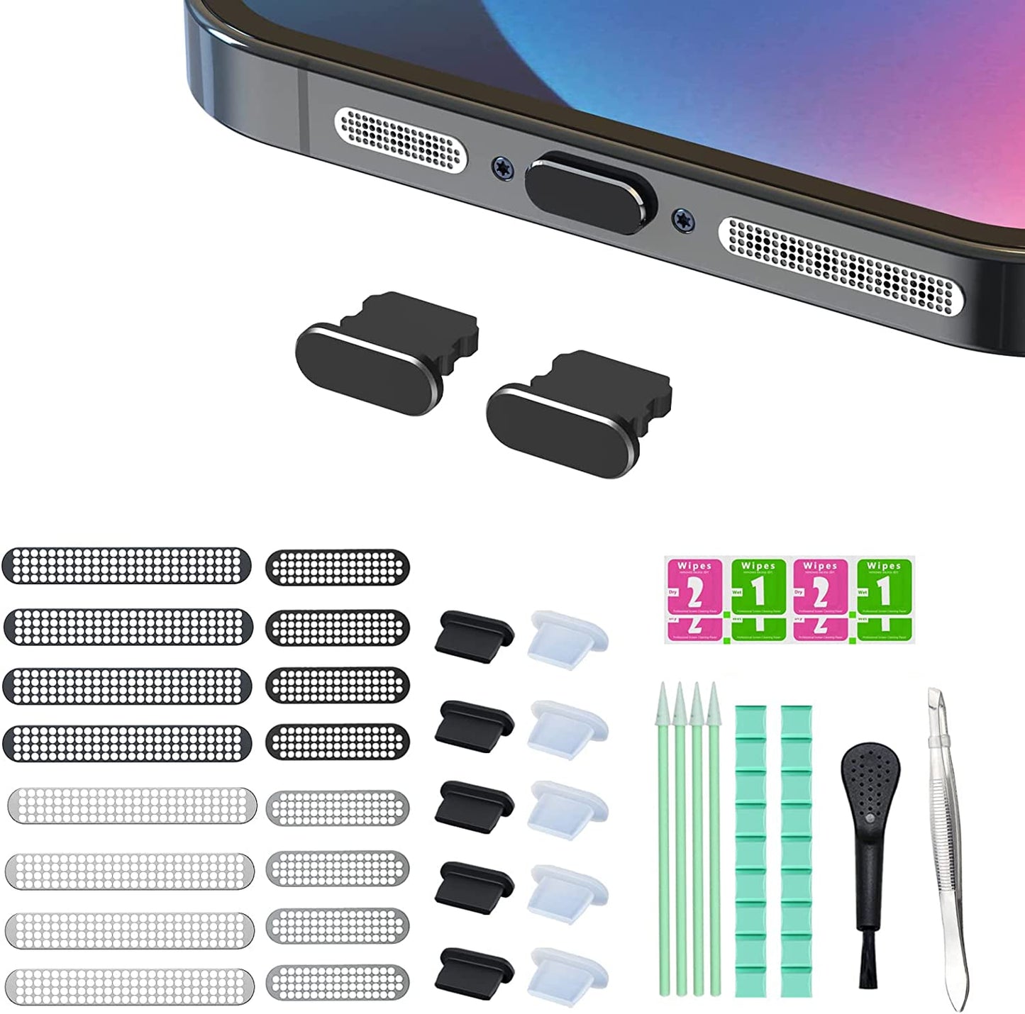 16 PCS Iphone Metal Speaker Dust Cover (8PCS Black and 8PCS Silver) 2PCS Iphone Metal Dust Plug 10PCS Silicone Dust Plugs,With Cleaning Tools Compatible Iphone 12/13 /14 Pro/Pro Max/Iphone Series  Pohgelan   