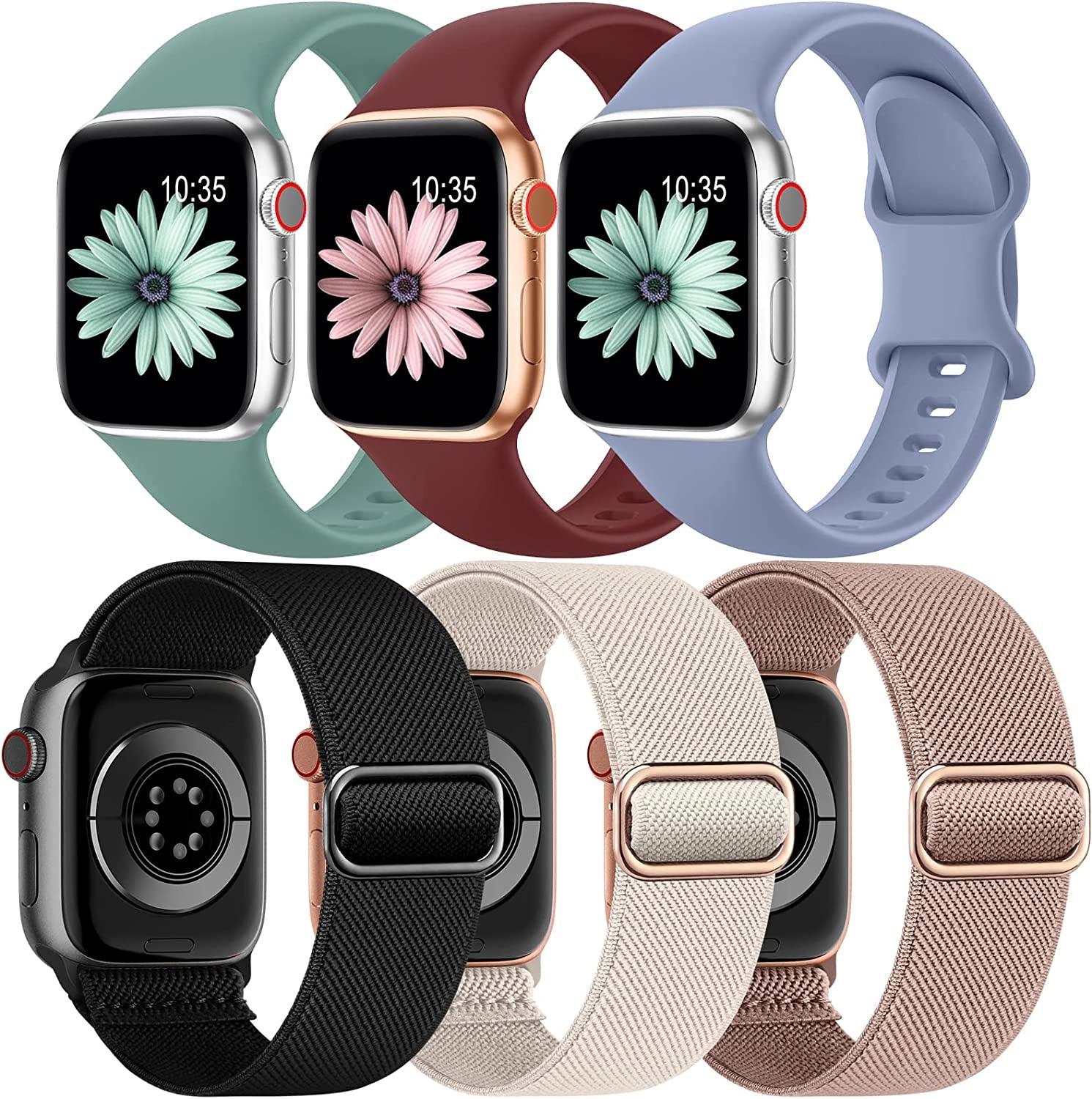 6 Pack Bands Compatible with Apple Watch Band 38Mm 40Mm 41Mm 42Mm 44Mm 45Mm 49Mm-3Pack Soft Silicone Strap, 3Pack Elastic Sport Wristbands for Iwatch Series Ultra 8 7 6 5 4 3 2 1 SE Women Men  iFuntec Color Combination 5 38/40/41mm 