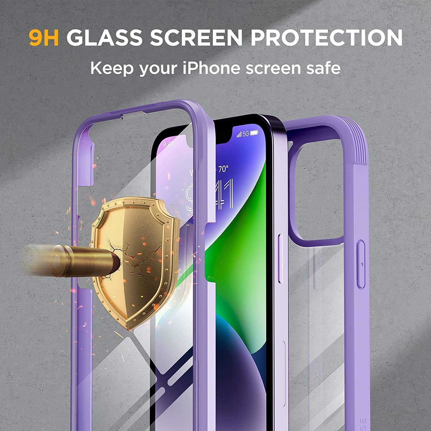 Miracase Glass Series Designed for Iphone 14 Case 6.1 Inch, 2023 Upgrade Full-Body Clear Bumper Case with Built-In 9H Tempered Glass Screen Protector and Camera Lens Protector,Purple  Miracase   