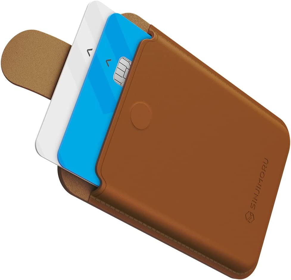 Sinjimoru Comb-Pattern Phone Grip Wallet for Magsafe, Vegan Leather Magnetic Cell Phone Card Holder & Wool Band Strap as Credit Card Case for Iphone 12 13 14 plus Pro Max. M-Pull Tab Band Black  Sinjimoru Co.Ltd Wallet Brown  