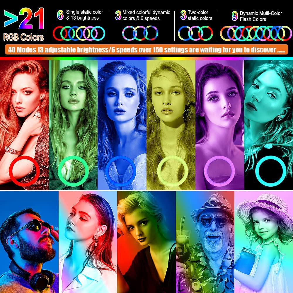 12.6'' Ring Light with Stand and Phone Holder: Totally 74" Tall Led Ringlight Tripod with 40 Color Modes, Floor and Desktop Stand with Circle Lights for Iphone Phone Makeup Video Meeting Live Stream  GerTong   