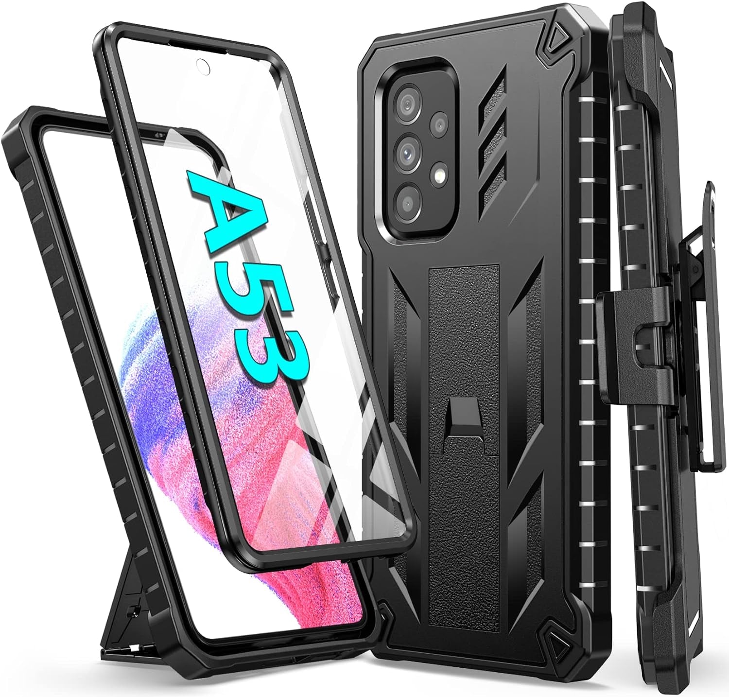 Soios for Samsung Galaxy A53 5G Case: with Built-In Screen Protector & Kickstand | Full-Body Dual Layer Rugged Belt-Clip Holster | Heavy Duty Shockproof Protective Phone Cover - 6.5Inch - Black  SOiOS   