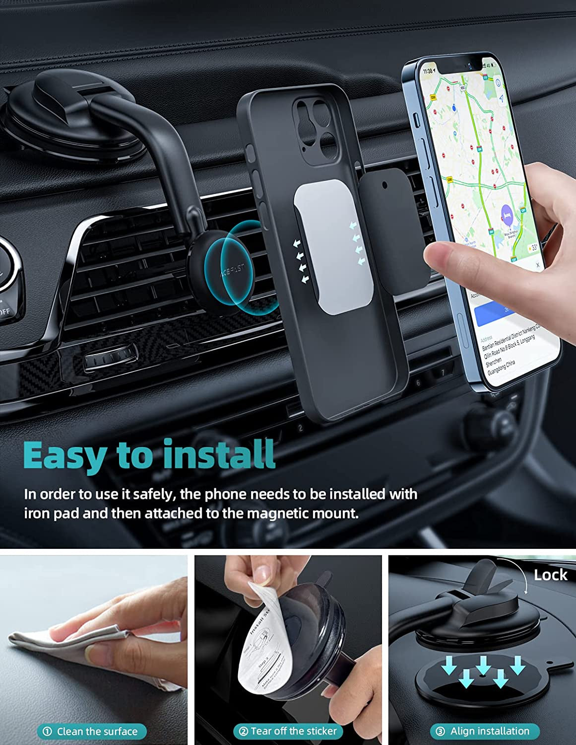 ACEFAST Magnetic Phone Car Mount, Universal Phone Car Holder Low Installation Height Built-In Four N52 Super Strong Magnets Large Sticky Base Suction Cup Dashboard Windshield Flexible Installation  ACEFAST   