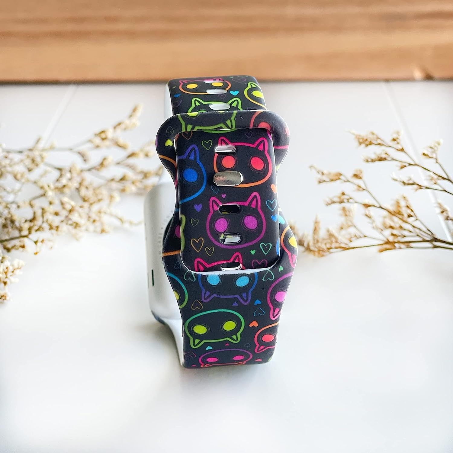 Rainbow Cats on Black Smart Watch Band for Apple Watch Series 1, 2, 3, 4, 5, 6, 7, 8, Model 38Mm/40Mm/41Mm/42Mm/44Mm/45Mm/49Mm, Active Sport Watch Band for Men and Women  Tweedle Dee Designs   
