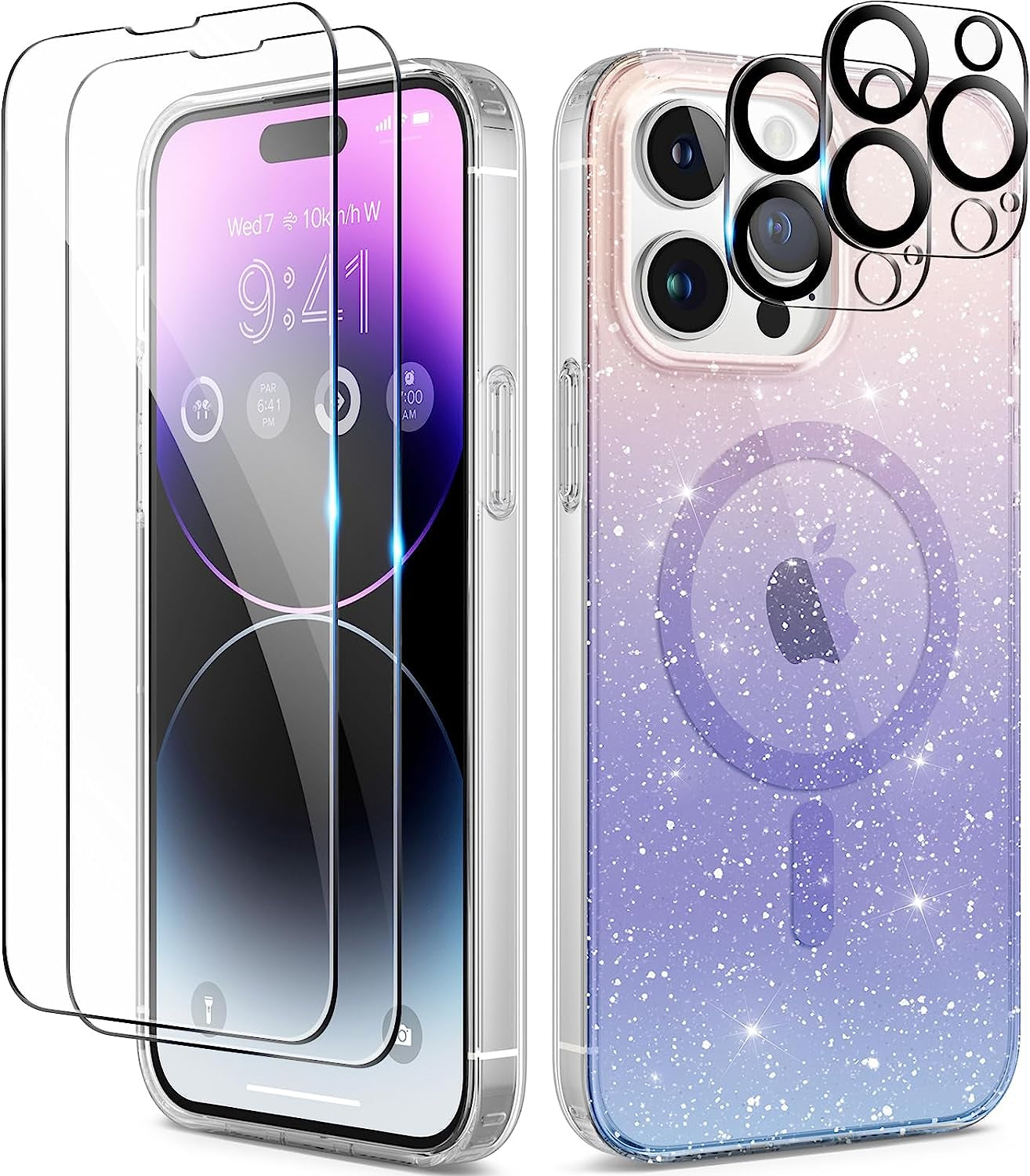 BERFY Glitter Case for Iphone 14 Pro Max, with 2Pcs Screen Protector+2Pcs Camera Protector, [Non-Yellowing] Clear Bling Sparkle Cute Shockproof Phone Case for Women, 6.7 Inch Cover, Glitter Clear  BERFY Gradient Pink Purple Iphone 14 Pro Max 6.7 Inch 