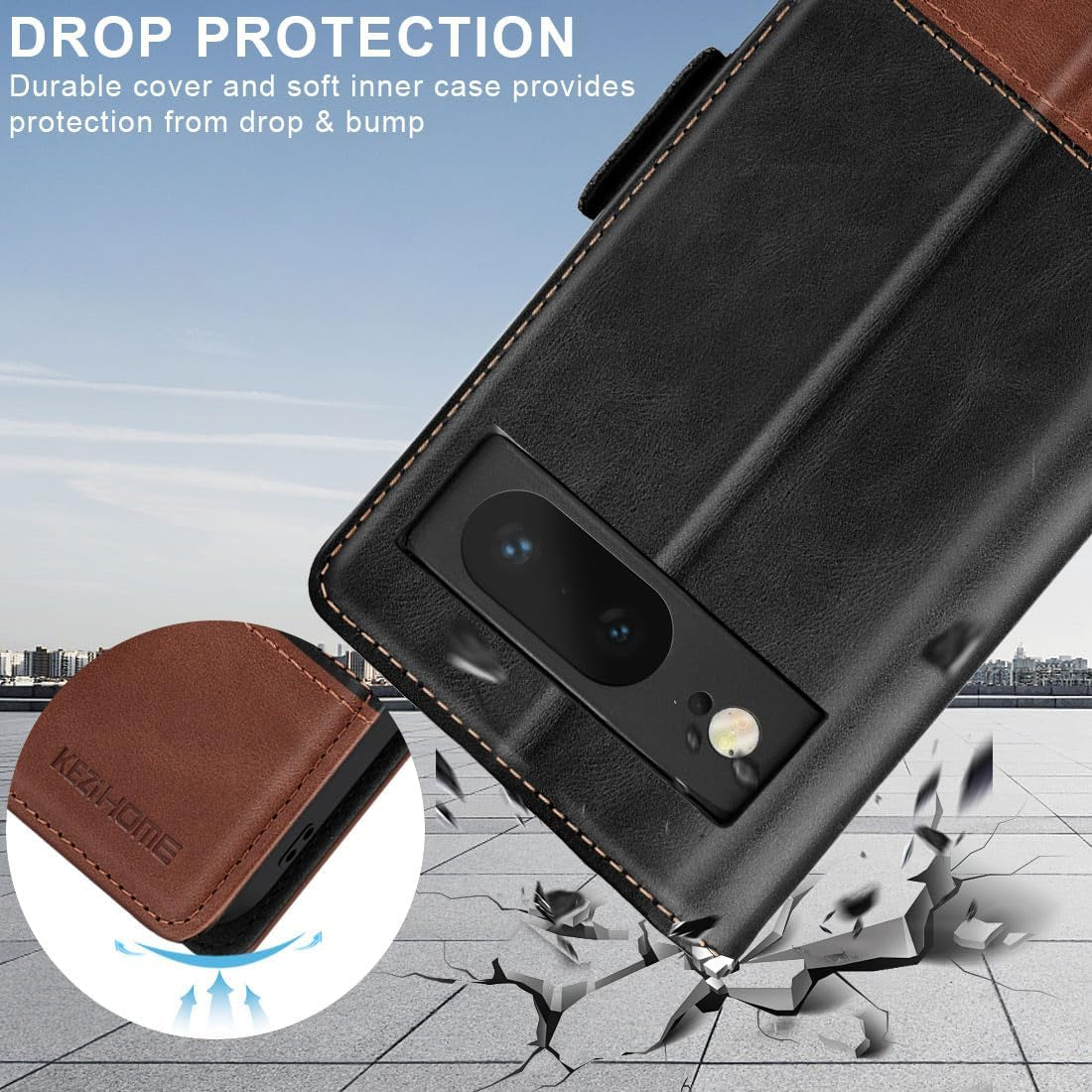 Kezihome Case for Google Pixel 8, Genuine Leather [RFID Blocking] Wallet Case with Card Holder Kickstand Flip Heavy Duty Protective Phone Cover for Google Pixel 8 5G (Black/Brown)  KEZiHOME   