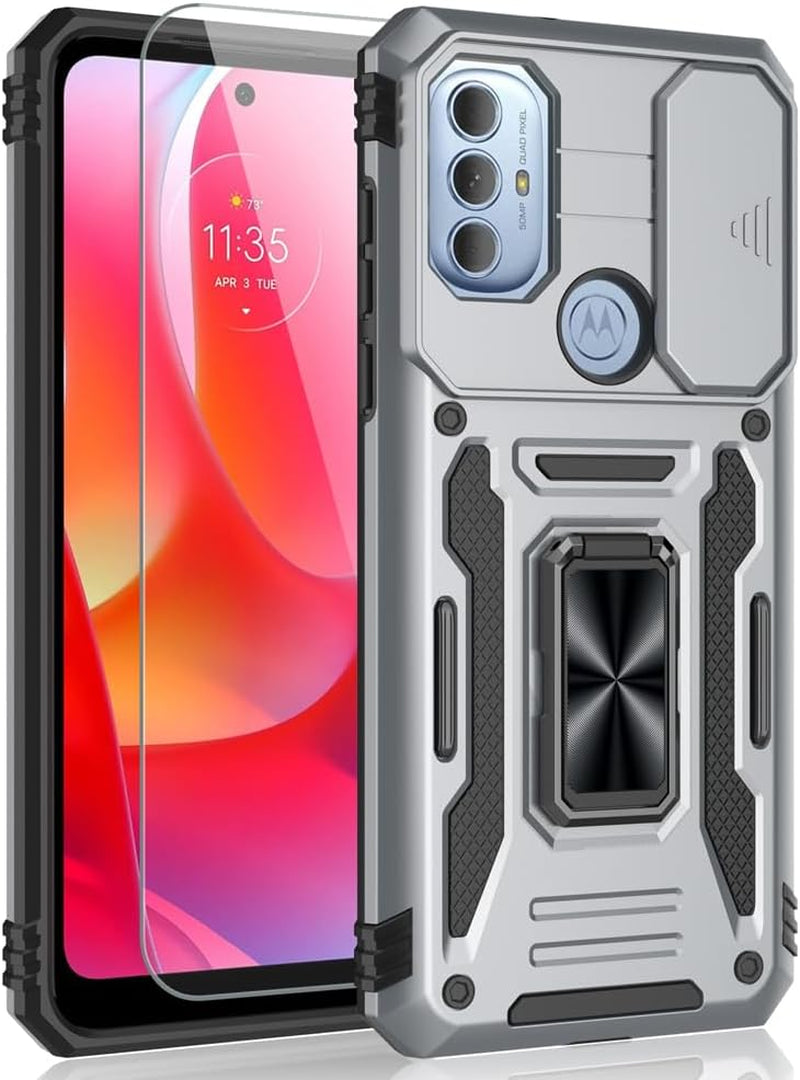 SYONER for Motorola Moto G Play 2023 Case, Moto G Power 2022 Case, Moto G Pure Case with Screen Protector, Shockproof Phone Case & Sliding Camera Cover & Ring Holder Kickstand [Alpine Green]  SYONER Gray  