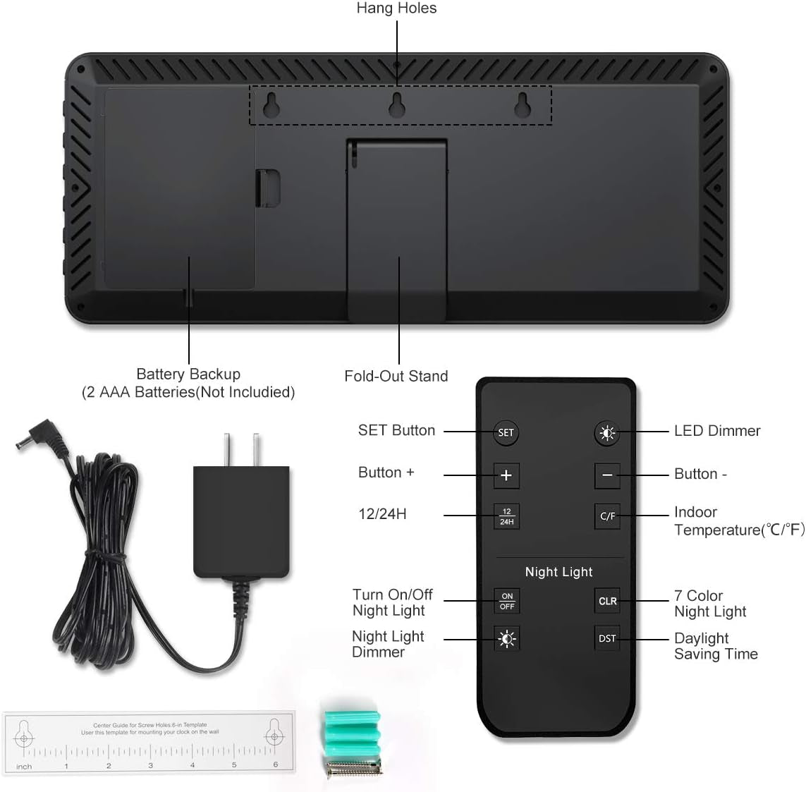 YORTOT 16” Large Digital Wall Clock with Remote Control - Adjustable Dimmer, 7 Color Night Lights, Big LED Clock with Indoor Temperature, Date, Auto DST, 12/24Hour, Wall Mount/Foldable Stand  YORTOT   