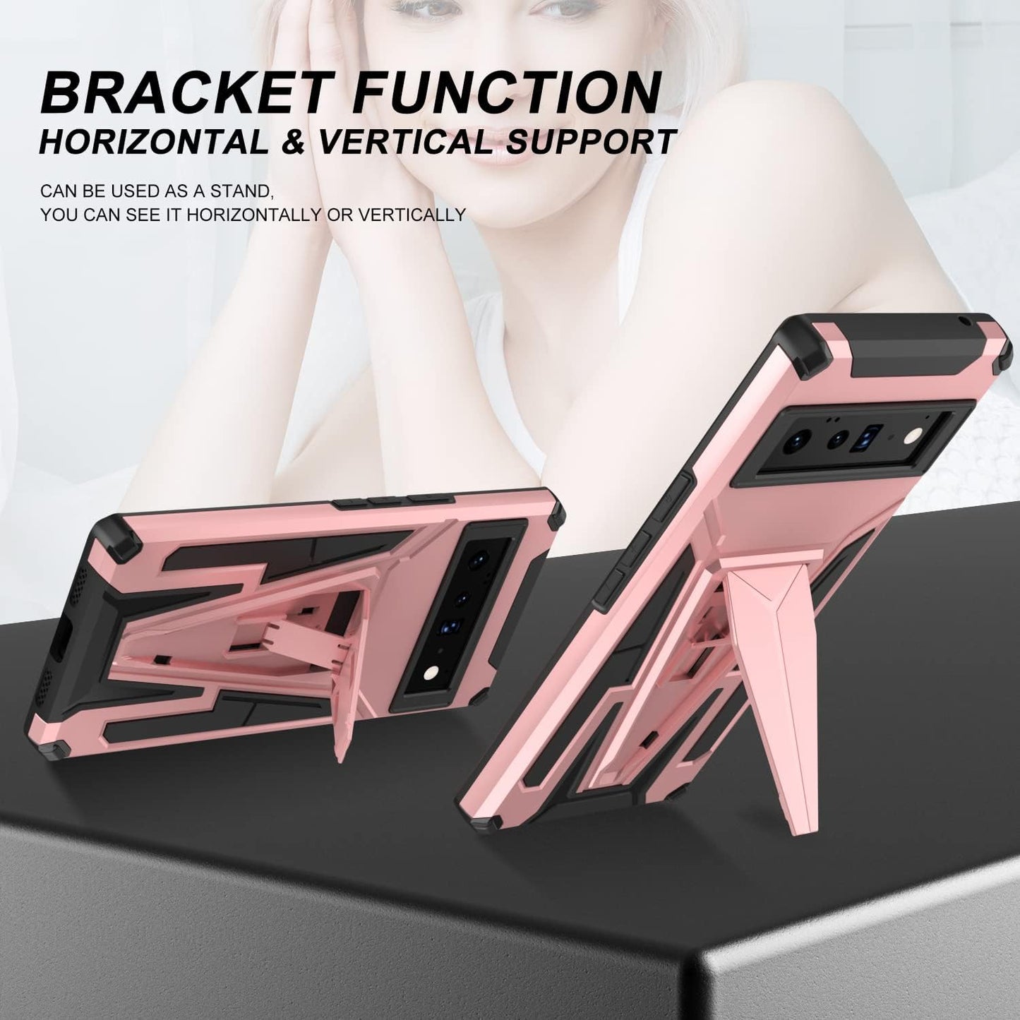 For Pixel 6 Pro Case with Tempered Glass Screen Protector [Support Fingerprint Unlocked] Military Grade Drop Tested Protective Cover with Built-In Magnetic Kickstand for Google Pixel 6 Pro Case -Pink  Leweizz   