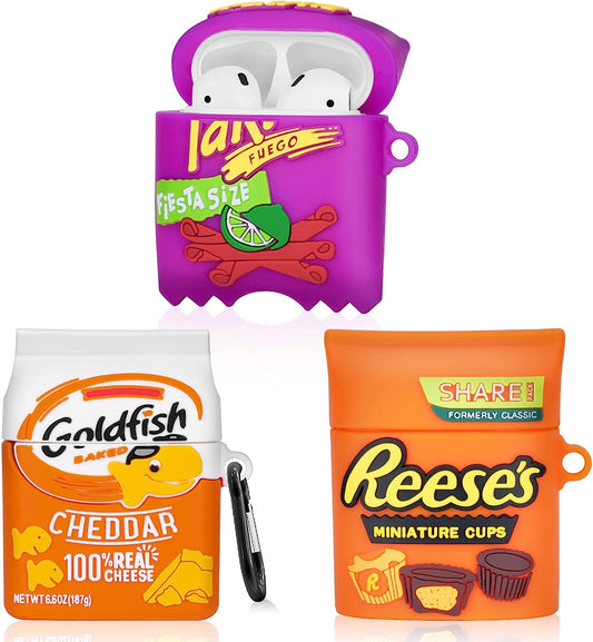 3 Pack Cute Airpod Case for Airpod 2&1,3D Kawaii Cartoon Funny Goldfish Cookie & Takis & Chocolate Food Soft Silicone Protective Cover Accessories Skin for Airpods 1&2 Gen Charging Case for Girls Boys  UGUHY   
