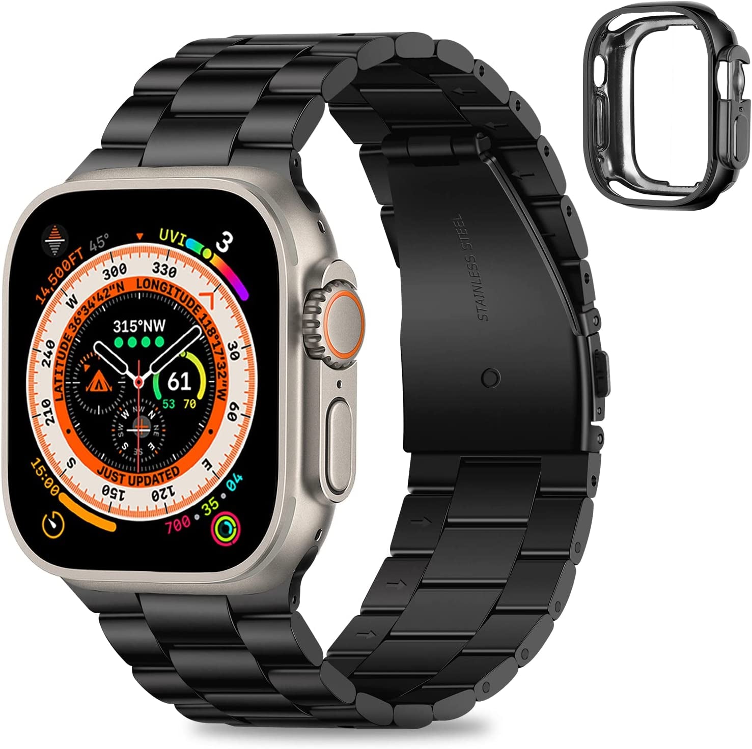 HITZEE Compatible with Apple Watch Band 45Mm 44Mm 42Mm Business Stainless Steel Metal Strap Men Women Link Bands with Case Compatible for Apple Watch SE Series 8 7 6 5 4 3 2 1, 42/44/45Mm Starlight  HITZEE Black 49mm/Ultra 