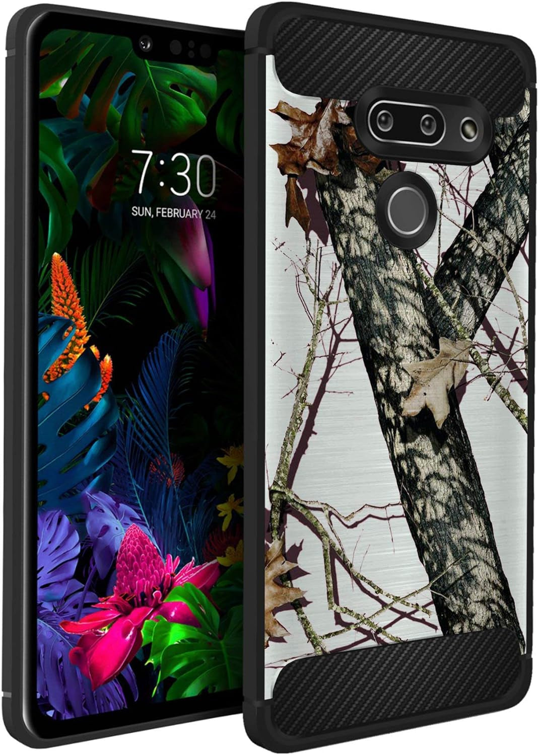 Casesondeck Flag Case Compatible with [LG G8 Thinq] Hunters Series Slim No Bulk Carbon Fiber Texture Black Flexible TPU Material (Deer Flag)  CasesonDeck Snow Hunters Camo  