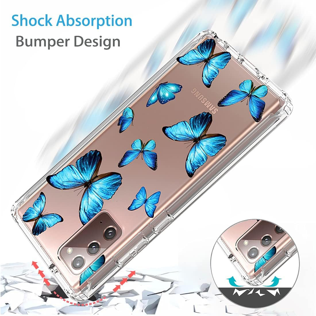 Zoeirc Case for Galaxy Note 20 5G, Samsung Note 20 Clear Case for Girls, Soft TPU 360 Full Body Shockproof Hybrid Bumper Crystal Clear Phone Case Cover for Samsung Galaxy Note 20 (Blue Butterfly)  Zoeirc   