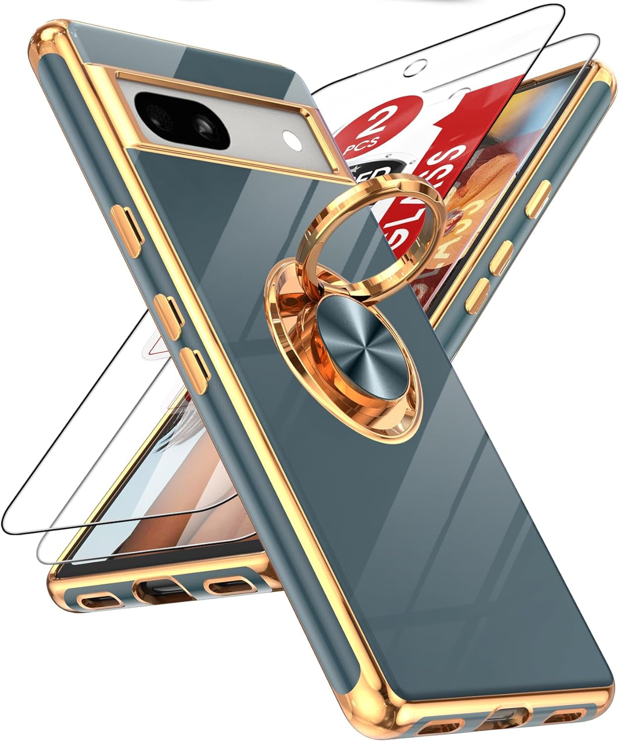 Leyi for Pixel 6A Case: with Tempered Glass Screen Protector [2 Pack] 360° Rotatable Ring Holder Magnetic Kickstand, Plating Rose Gold Edge Protective Google Pixel 6A Case, Pink  LeYi Gray Google Pixel 7A 