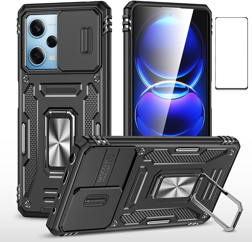 WVOZWWO for Xiaomi Redmi Note 12 Pro 5G/Poco X5 Pro 5G Case with Screen Protector, Protective Cover with Camera Protector Thin Kickstand Military Phone Case for Xiaomi Redmi Note 12 Pro 5G (Black)  Grand Eletronics   