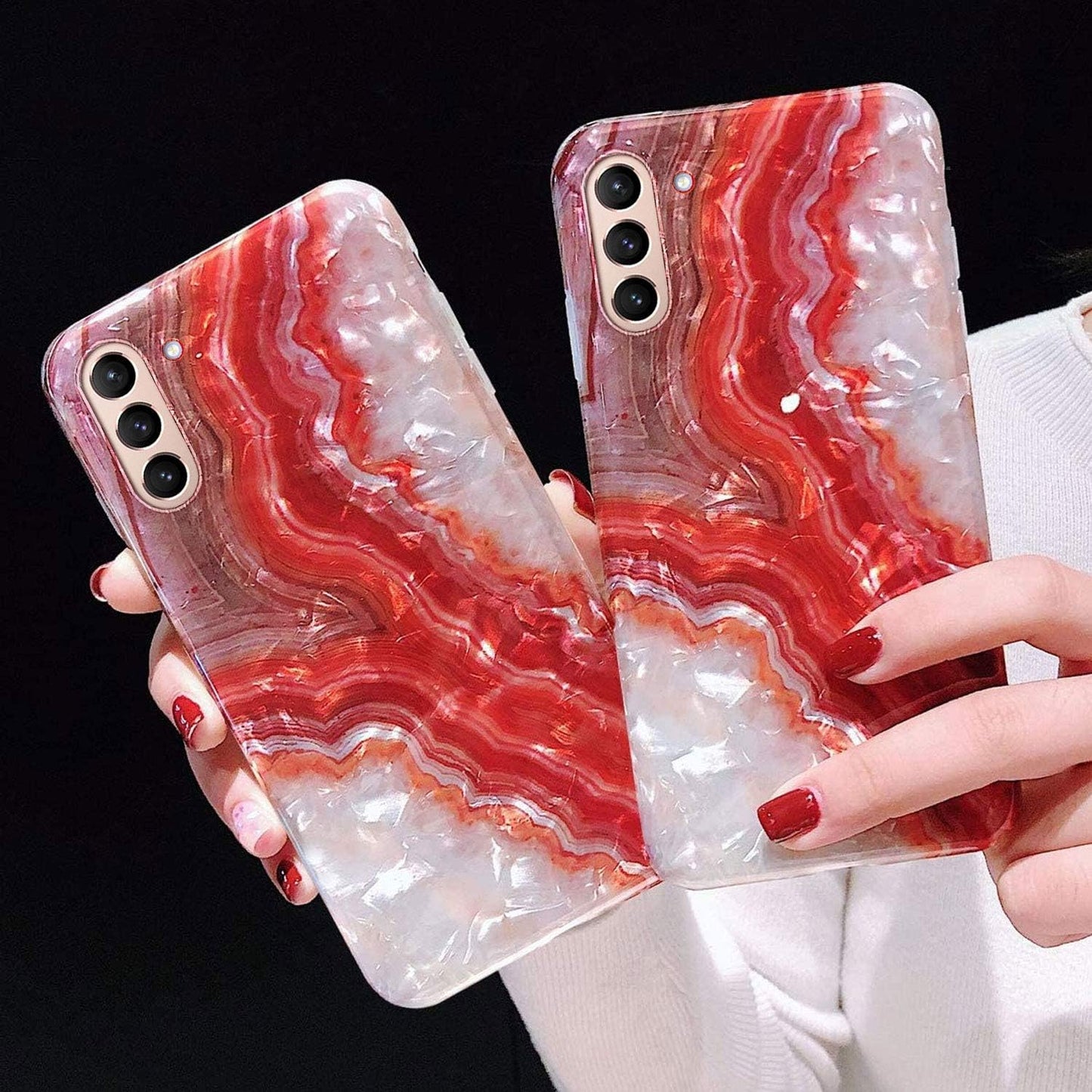 J.West Galaxy S21 plus Case 5G 6.7-Inch, Luxury Sparkle Red Agate Marble Print Translucent Clear Glitter Pearly Design Soft Silicone Cover for Women Girls Slim TPU Sturdy Protective Phone Case Red  J.west   