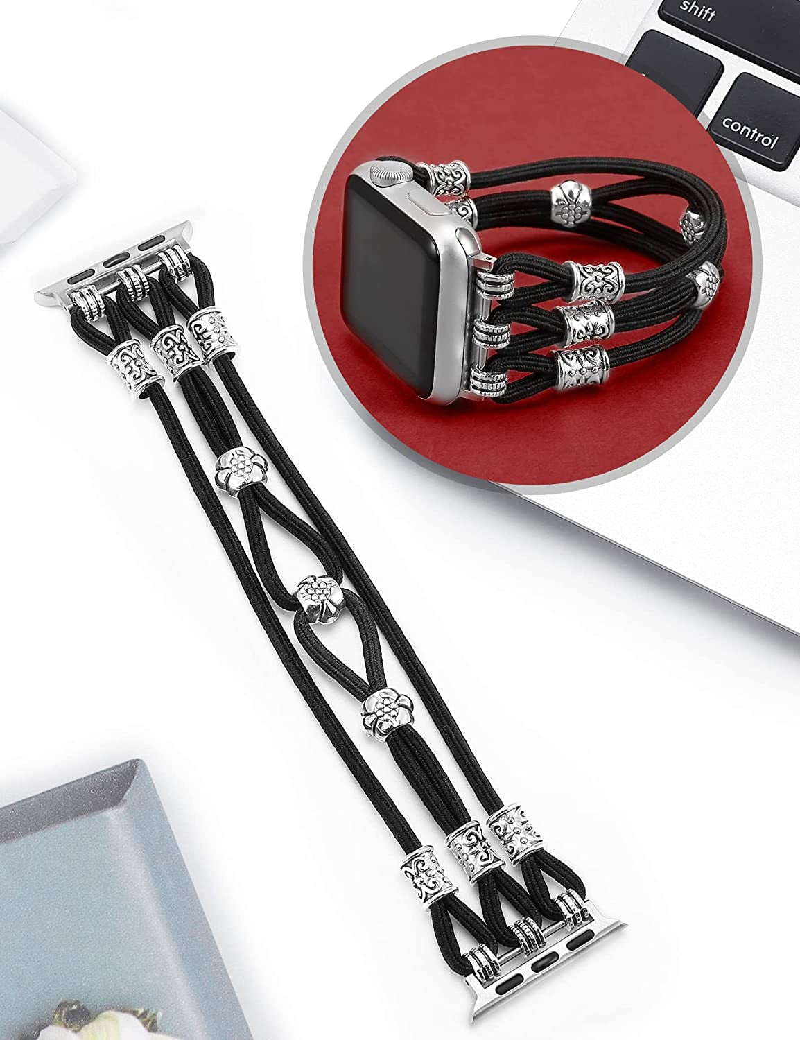 TOYOUTHS Beaded Bracelet Compatible with Apple Watch Band 38Mm 40Mm 41Mm Women, Premium Braided Nylon Elastic Stretchy Boho Cute Fancy Charms Solo Loop Strap for Iwatch Series 8/SE/7/6/5/4/3/2/1, M  TOYOUTHS   