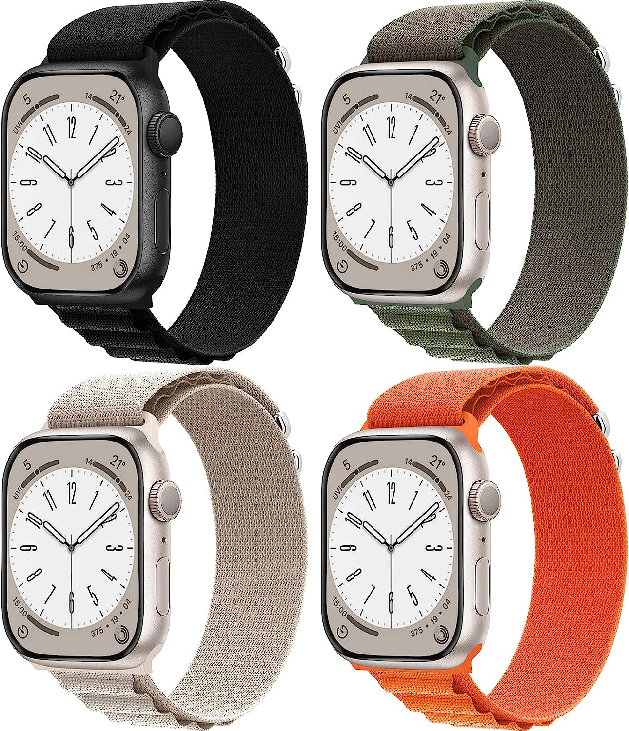4 Pack Alpine Loop Nylon Band Compatible with Apple Watch Band 42Mm 44Mm 45Mm 49Mm Women Men, Adjustable with Metal G-Hook Strap for Iwatch Ultra Series SE 8/7/6/5/4/3/2/1,Black/Orange/Starlight/Green  FnKer   