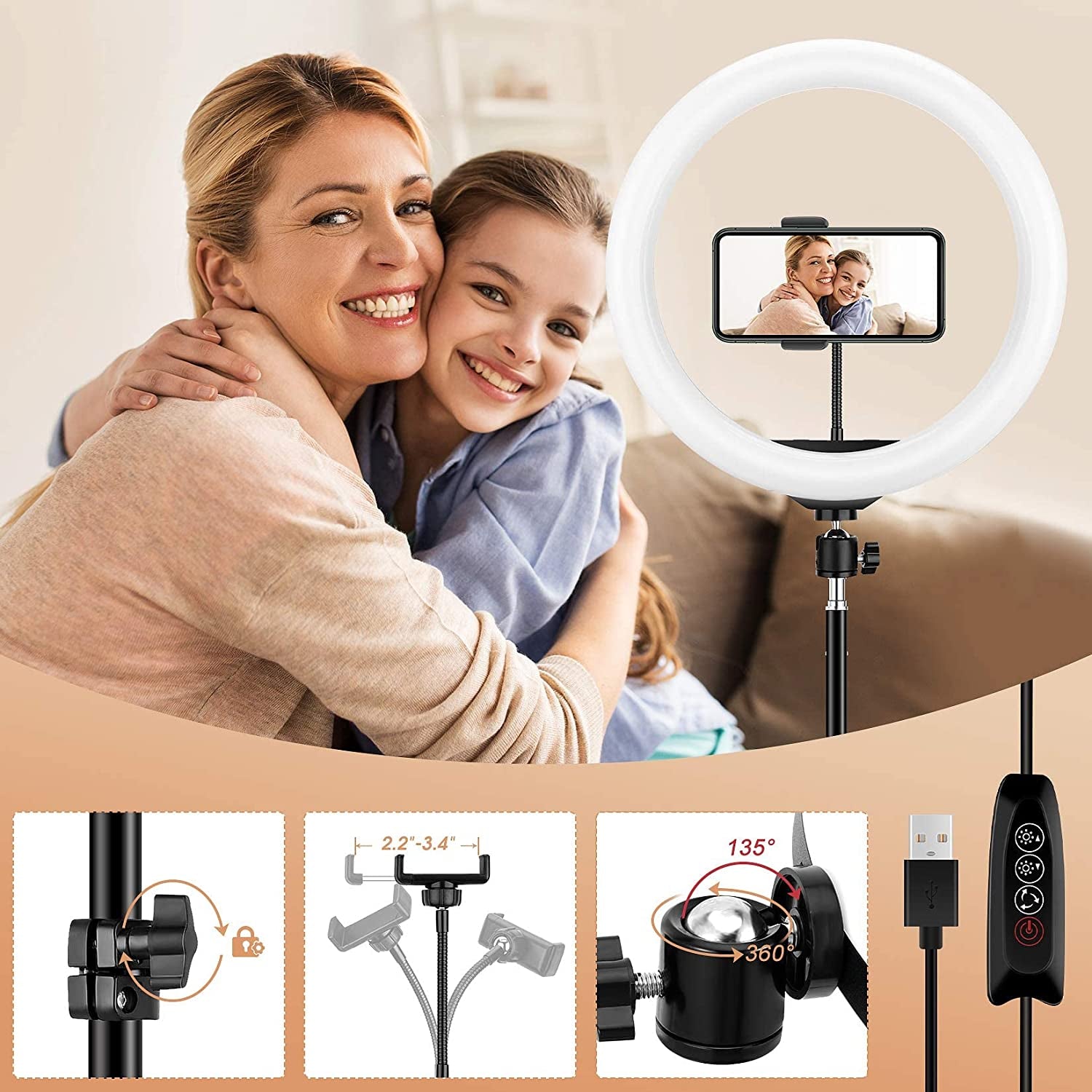 13 Inch Ring Light with Floor Tripod and Desk Stand(Ringlight Kit Totally 74" Tall), LED Circle Light with Phone Holder, for Photo Selfie, Video Recording, Zoom Meeting  LIPETY   