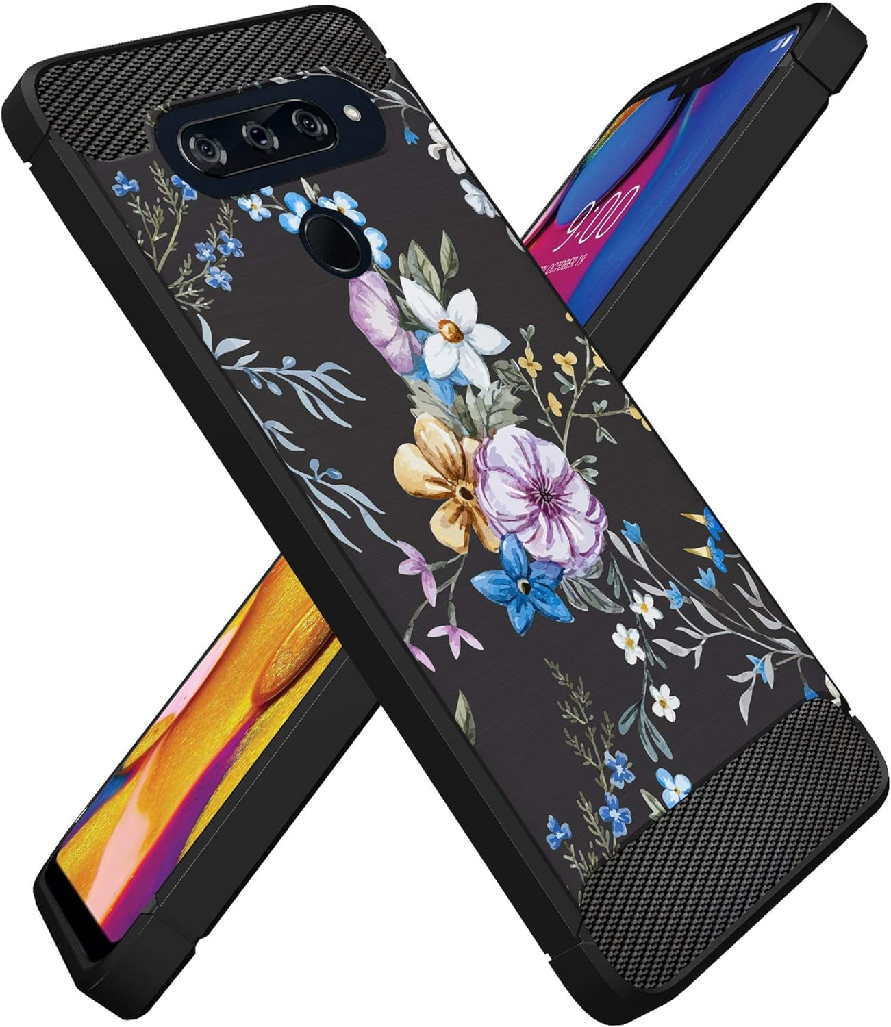 Casesondeck Case Compatible with [LG V40 Thinq] Soft TPU Bumper Cover Carbon Fiber Texture Flexible (Flowers)  CasesonDeck   